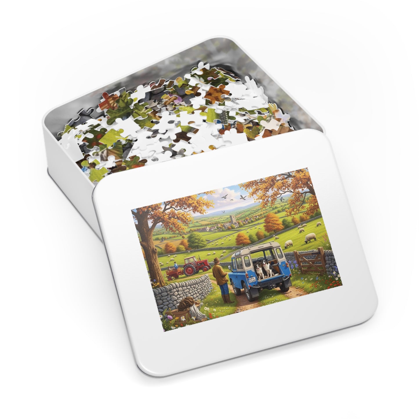 Autumn Countryside Farm Jigsaw Puzzle with Dogs, Tractor & Village