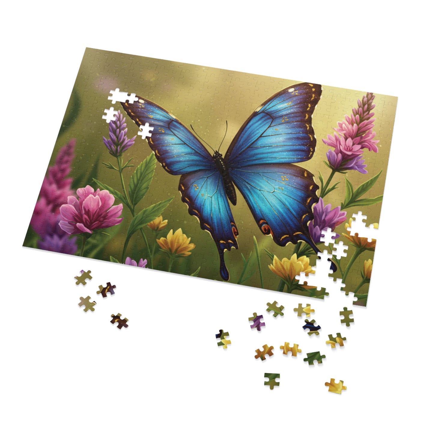 30, 110, 252, 500 | Blue Butterfly Among Spring Wildflowers | Vibrant Garden Scene | Nature Jigsaw Puzzle | Bloom & Wings Puzzle Art | Butterfly Blossom Jigsaw Puzzle with Tin
