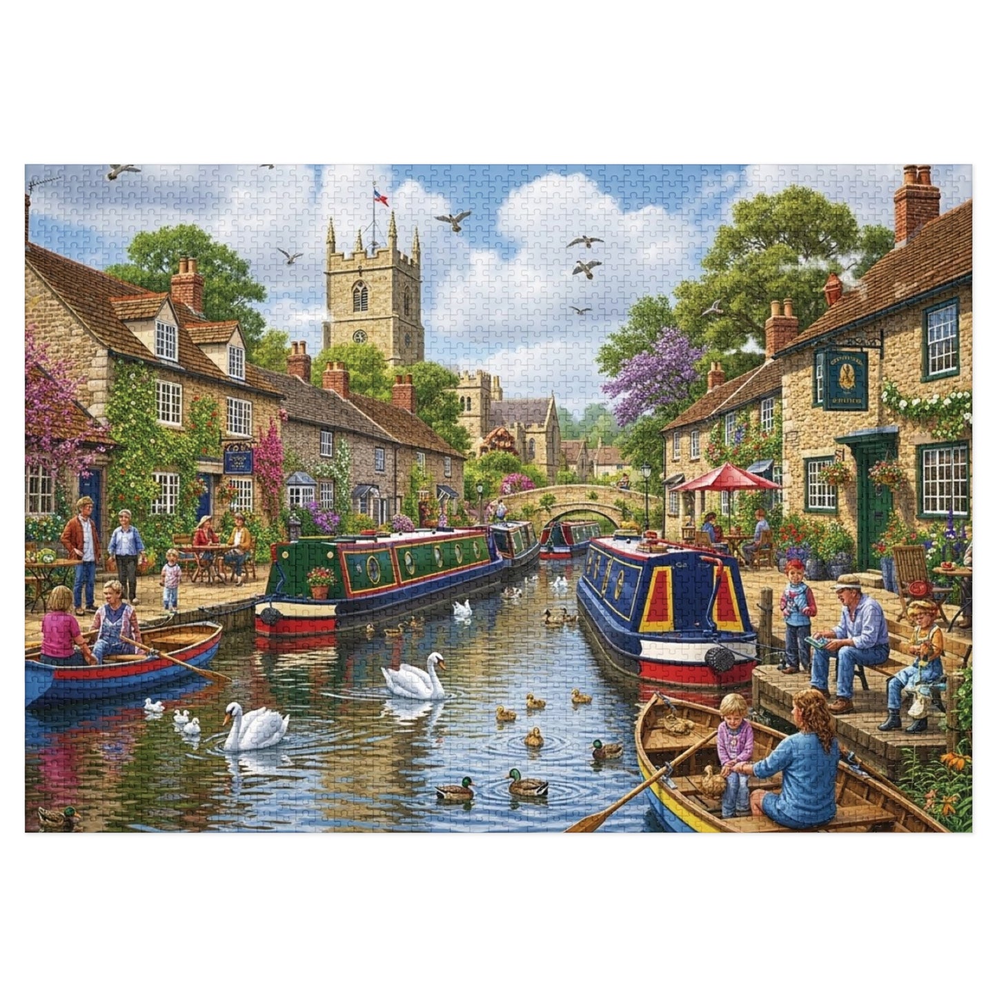 Canal Village Jigsaw Puzzle with Boats Swans and Cottages