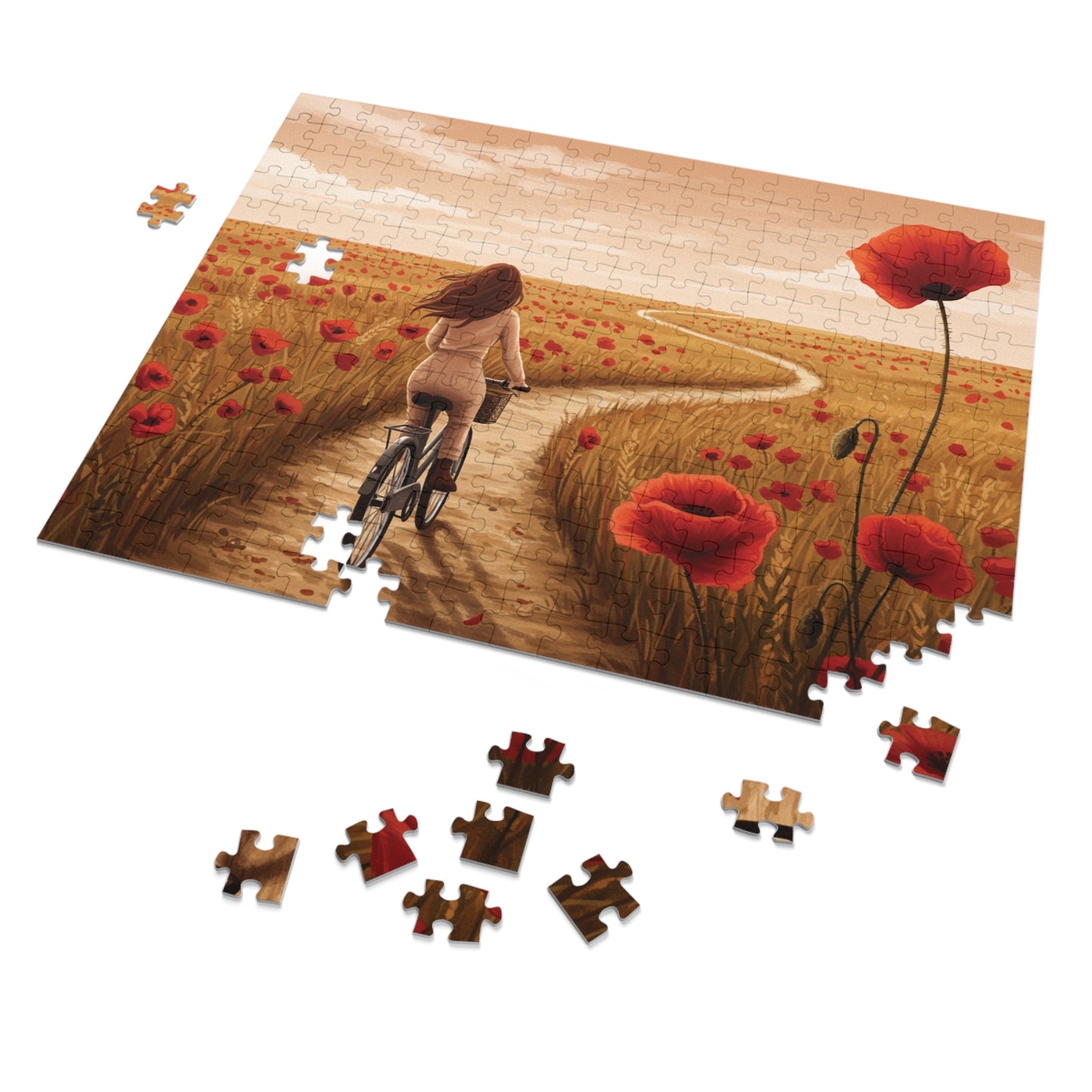 110, 252, 500, 1000, 2000 Golden Poppy Fields Jigsaw Puzzle – Serene Summer Bike Ride, Serene Poppy Fields Jigsaw Puzzle with Tin, Escape into Nature – Summer Cycling Puzzle with Flowers