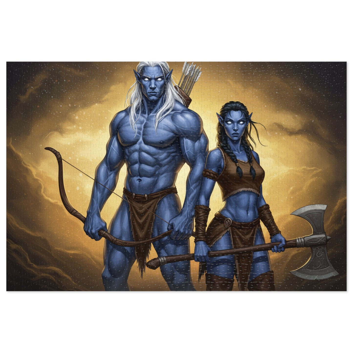 110, 252, 500, 1000, 2000 Blue-Skinned Heroes with Weapons Jigsaw Puzzle, Mythical Battle Duo Puzzle, Legendary Warriors Jigsaw, Heroic Fantasy Fighters Jigsaw