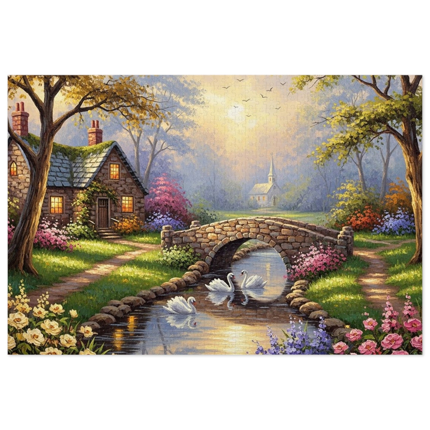 Spring Swan Bridge Cottage Puzzle | Flower Garden, Stone Bridge, Peaceful Countryside Scene