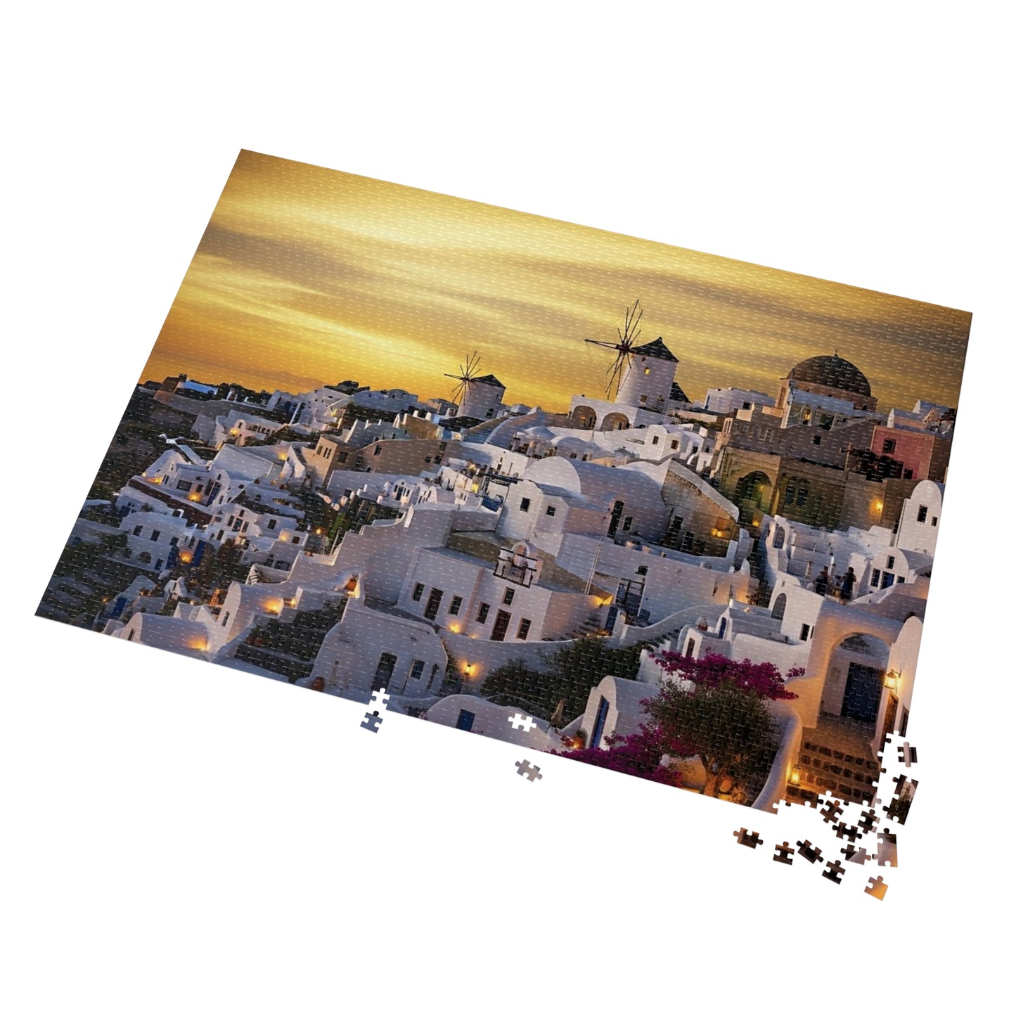 Santorini Sunset Village Jigsaw Puzzle 🌅 Whitewashed Homes, Windmills & Golden Aegean Evening