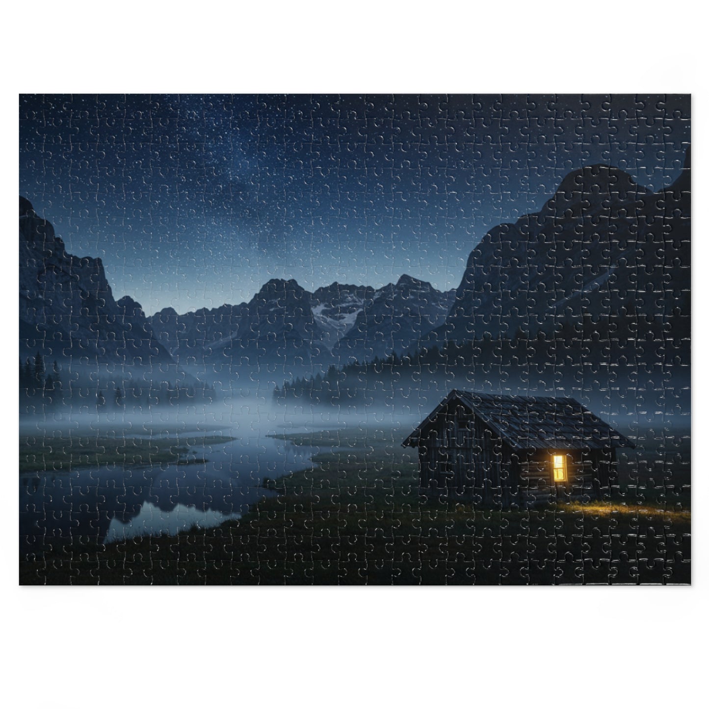 110, 252, 500, 1000, 2000 Starry Night Cabin Puzzle, Tranquil Nightscape Puzzle, Nighttime Cabin Under Stars, Twilight Mountains and Lit Cabin, Foggy Valley and Star-Filled Sky, Wilderness Cabin Puzzle