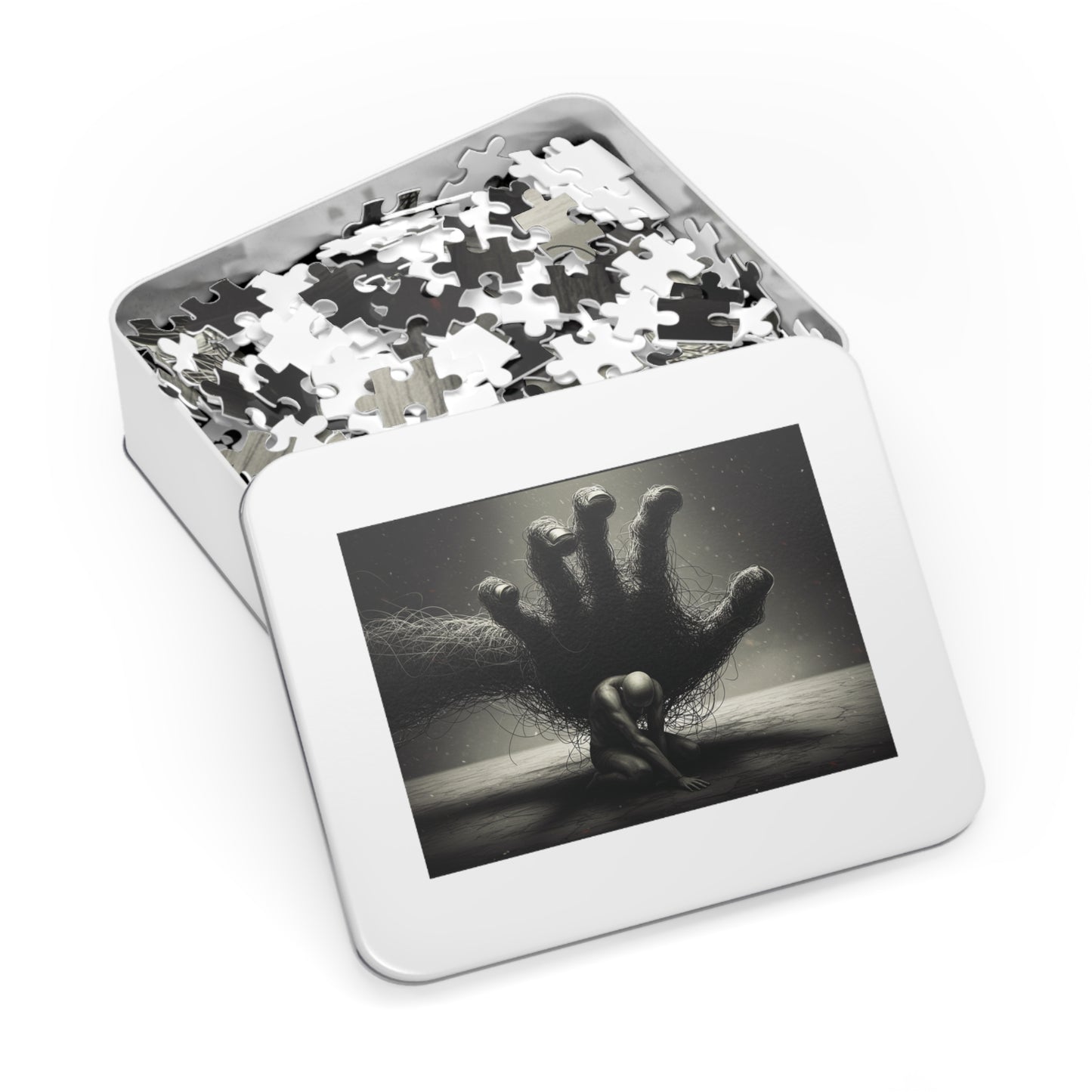 110, 252, 500, 1000, 2000 Dark Abstract Wire Hand Jigsaw Puzzle, Tangled Hand and Kneeling Figure, Oppression and Chaos Puzzle