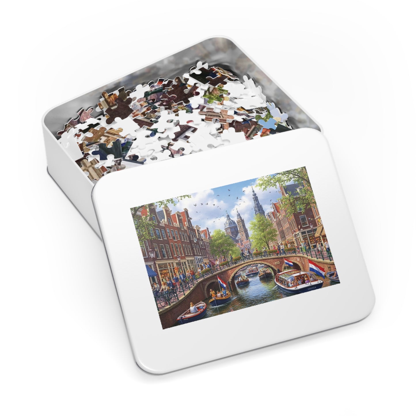 European Canal City Jigsaw Puzzle Scenic Bridge and Boat Scene
