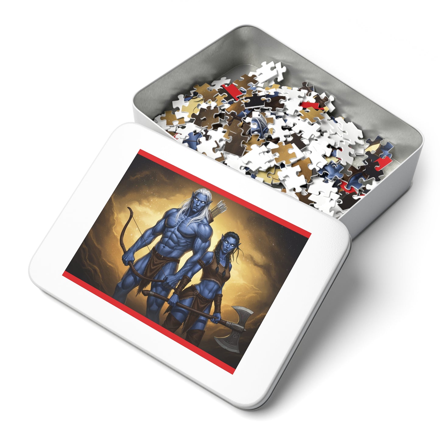 110, 252, 500, 1000, 2000 Blue-Skinned Heroes with Weapons Jigsaw Puzzle, Mythical Battle Duo Puzzle, Legendary Warriors Jigsaw, Heroic Fantasy Fighters Jigsaw