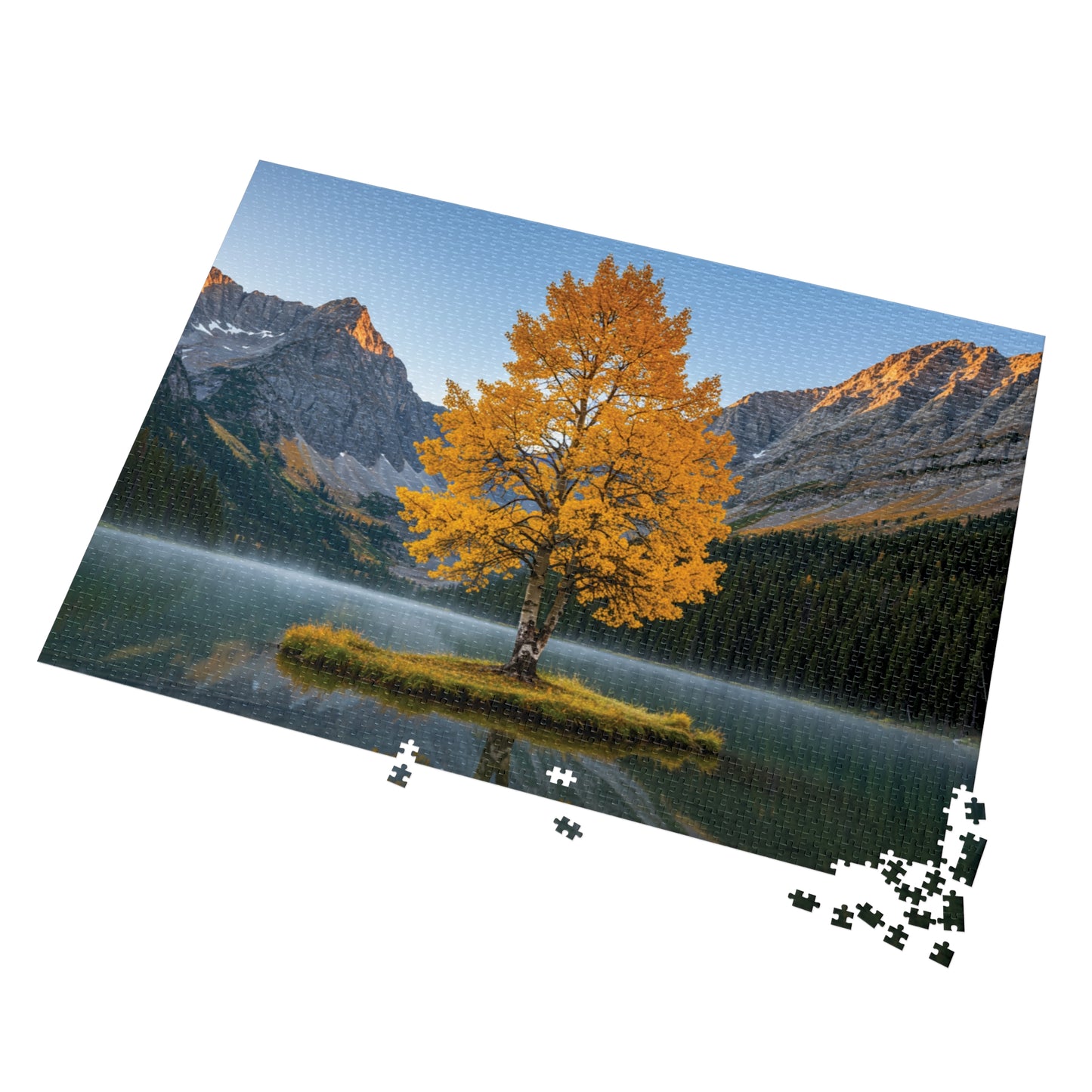 110, 252, 500, 1000, 2000 Autumn Landscape Jigsaw Puzzle with Tin, Golden Autumn Tree Lake Puzzle, Autumn Tree & Calm Waters, Misty Lake and Rocky Peaks Jigsaw