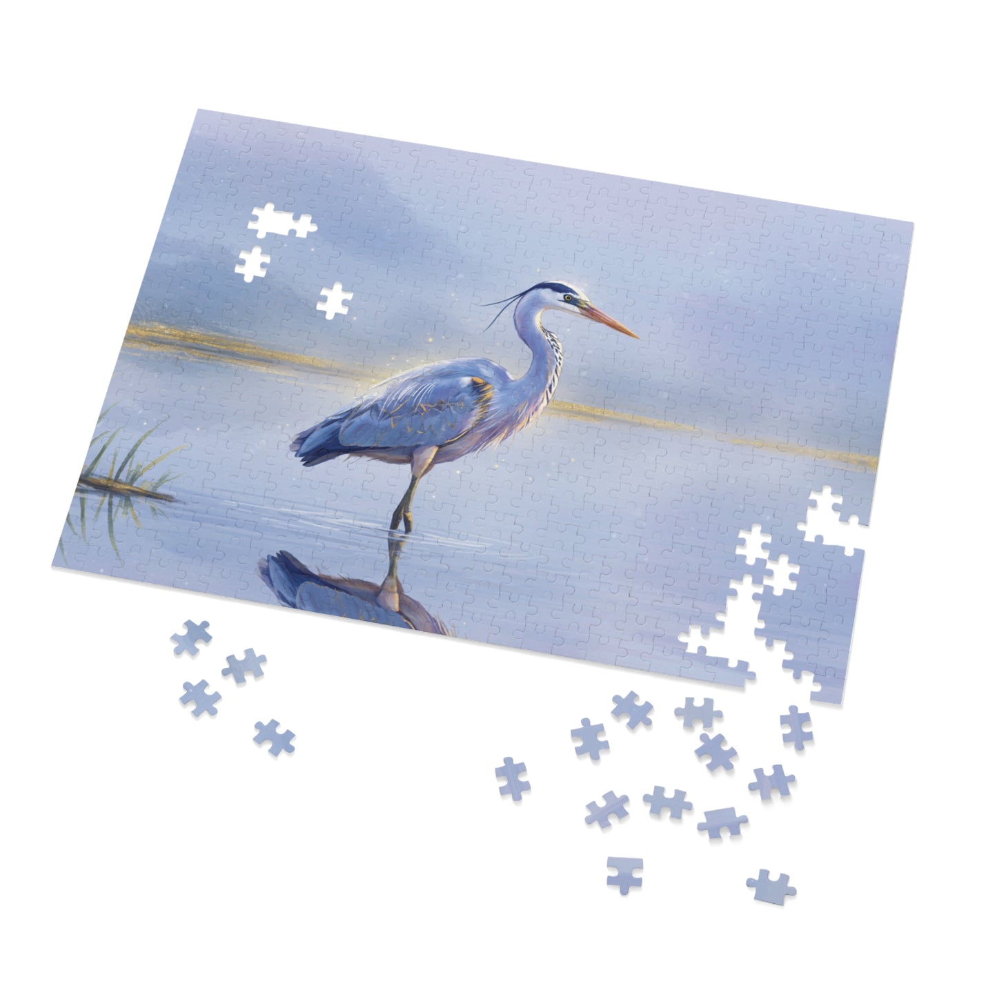 110, 252, 500, 1000, 2000 pc Heron Lake Jigsaw Puzzle, Elegant Bird Standing in Tranquil Waters, Peaceful Nature Puzzle, Tranquil Bird Puzzle