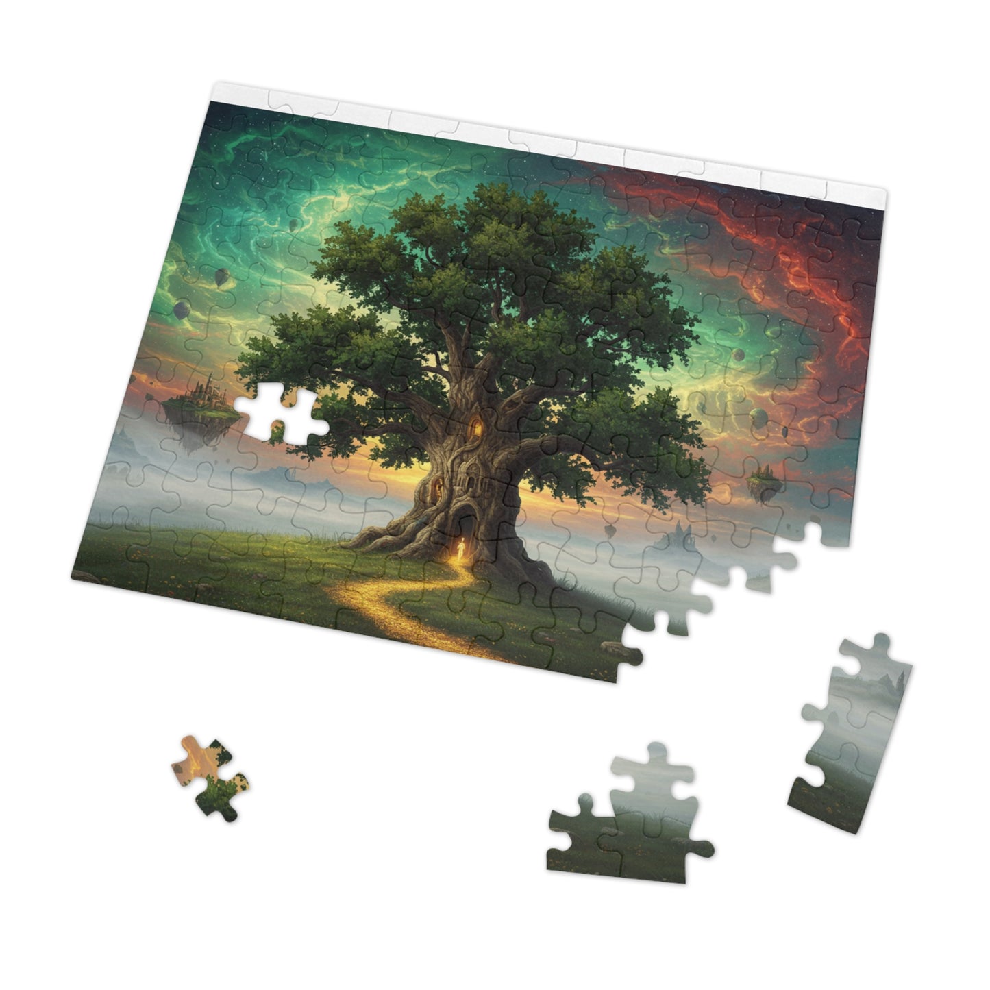110, 252, 500, 1000, 2000 Magical Tree Jigsaw Puzzle, Mystical Tree with Glowing Doorway, Cosmic Sky and Enchanted Forest Scene, Mystical Gateway Puzzle
