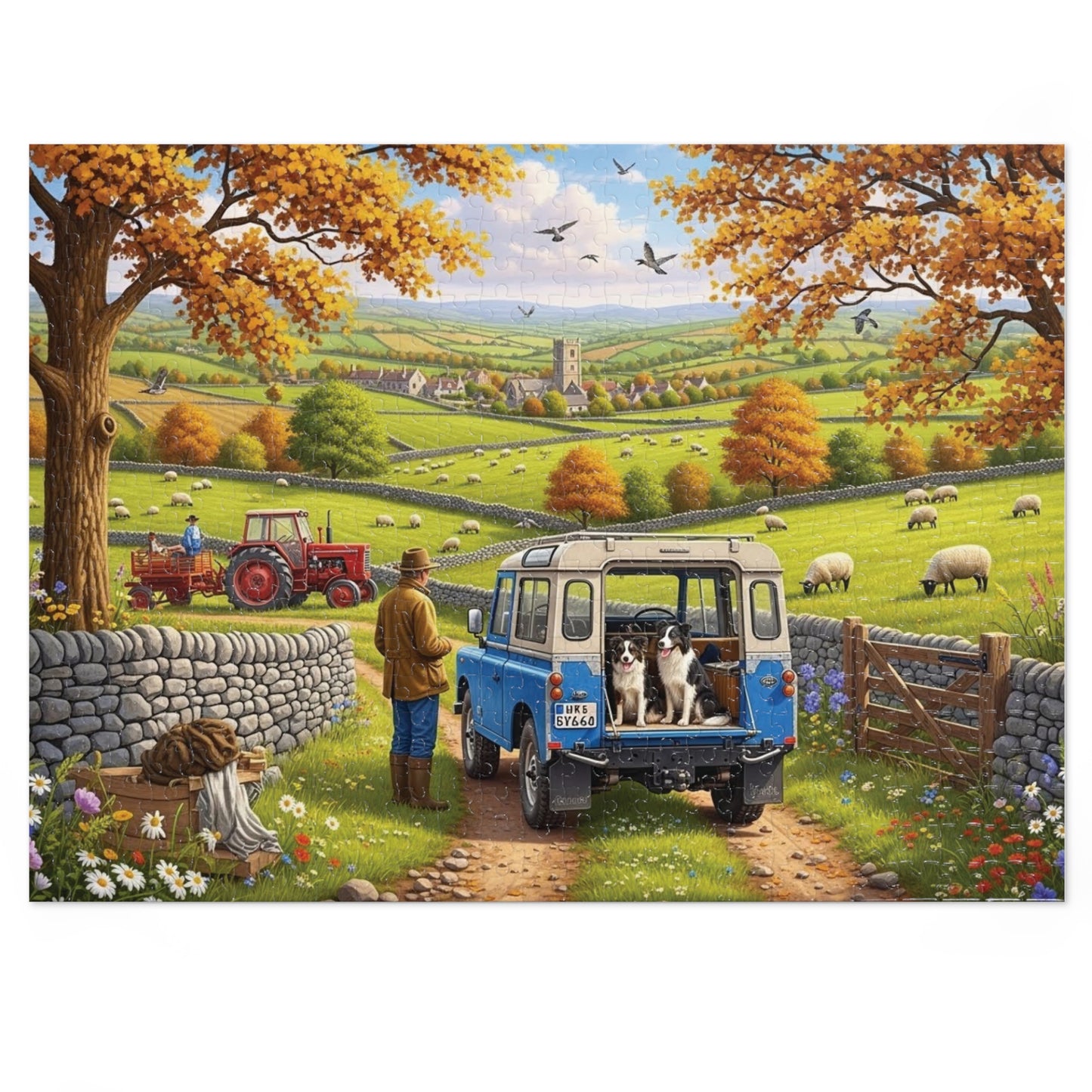 Autumn Countryside Farm Jigsaw Puzzle with Dogs, Tractor & Village