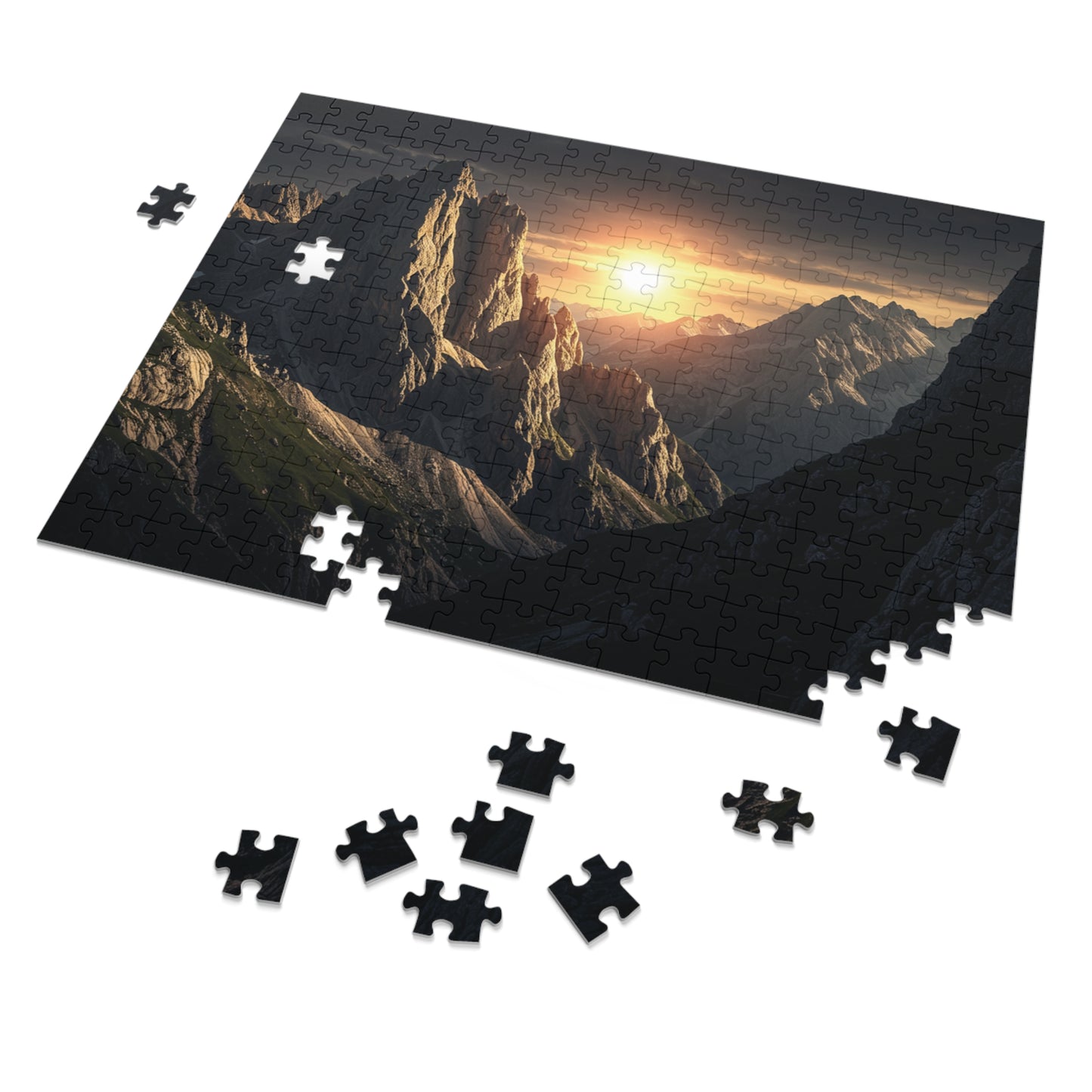 110, 252, 500, 1000, 2000 Golden Mountain Sunrise Jigsaw Puzzle – Dramatic Peaks, Sunset Glow, Nature-Inspired Gift in Collector’s Tin