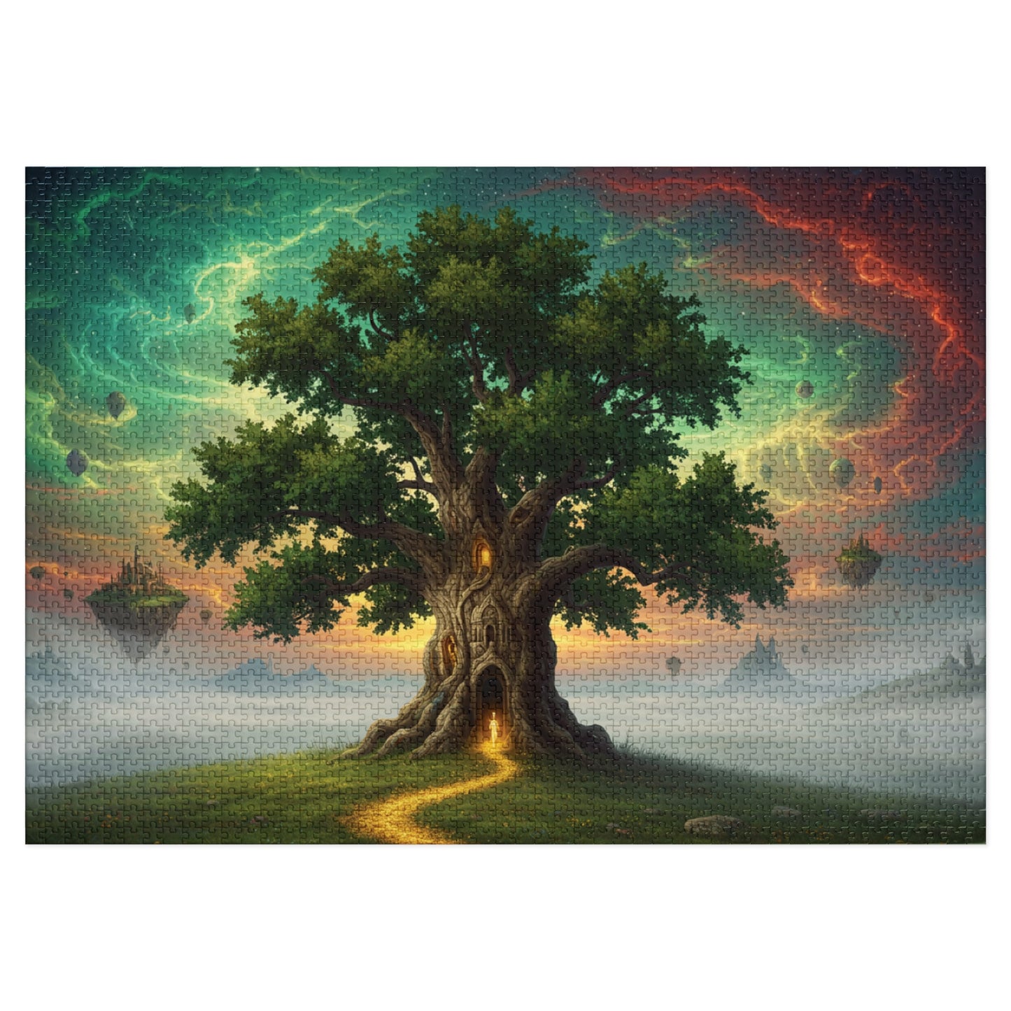 110, 252, 500, 1000, 2000 Magical Tree Jigsaw Puzzle, Mystical Tree with Glowing Doorway, Cosmic Sky and Enchanted Forest Scene, Mystical Gateway Puzzle