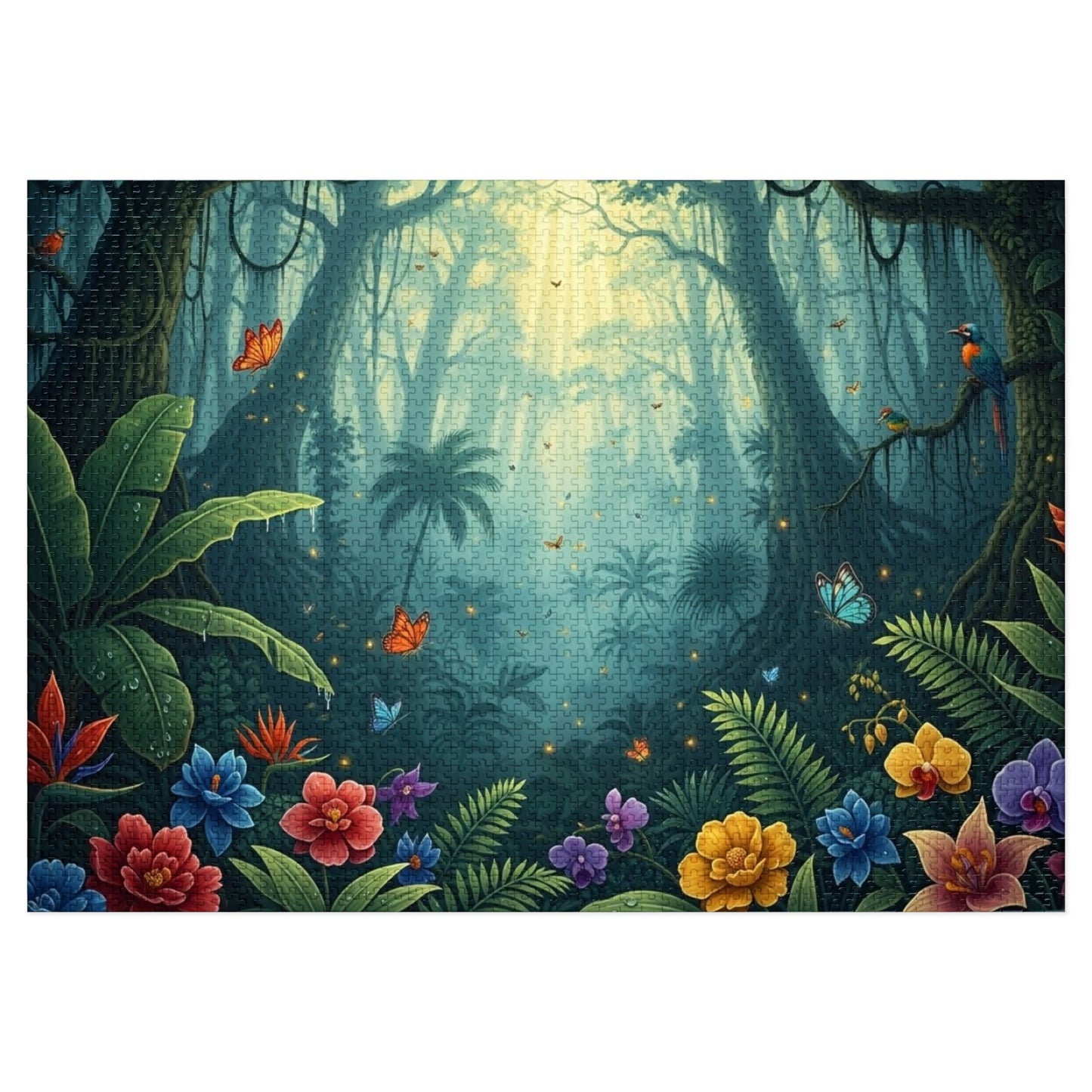 Enchanted Tropical Forest Puzzle with Butterflies, Exotic Flowers and Golden Light
