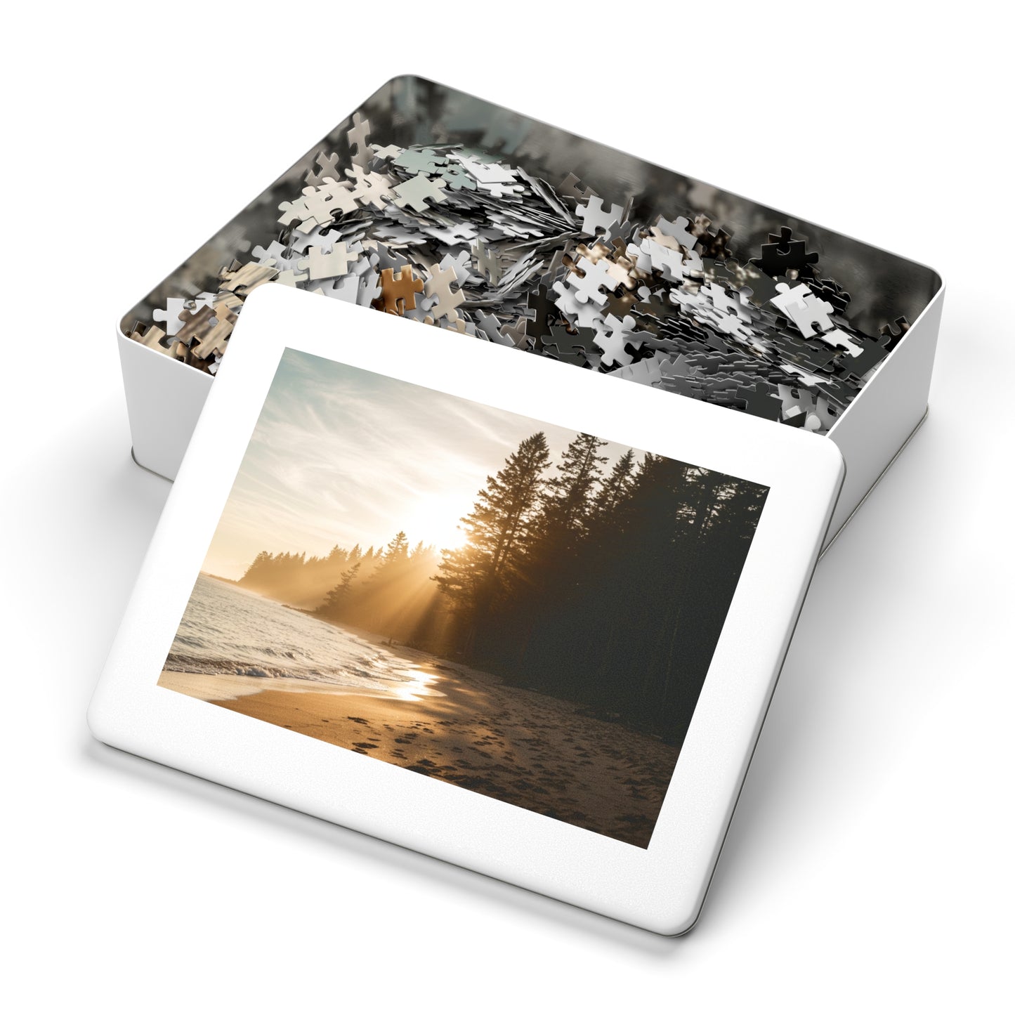 Forest Beach Sunset Jigsaw Puzzle (252–2000 pcs),  Warm Sunset, Trees & Sand Path, Forest Coastline and Sunbeams, Premium Tin Gift,  Footprints in Sand