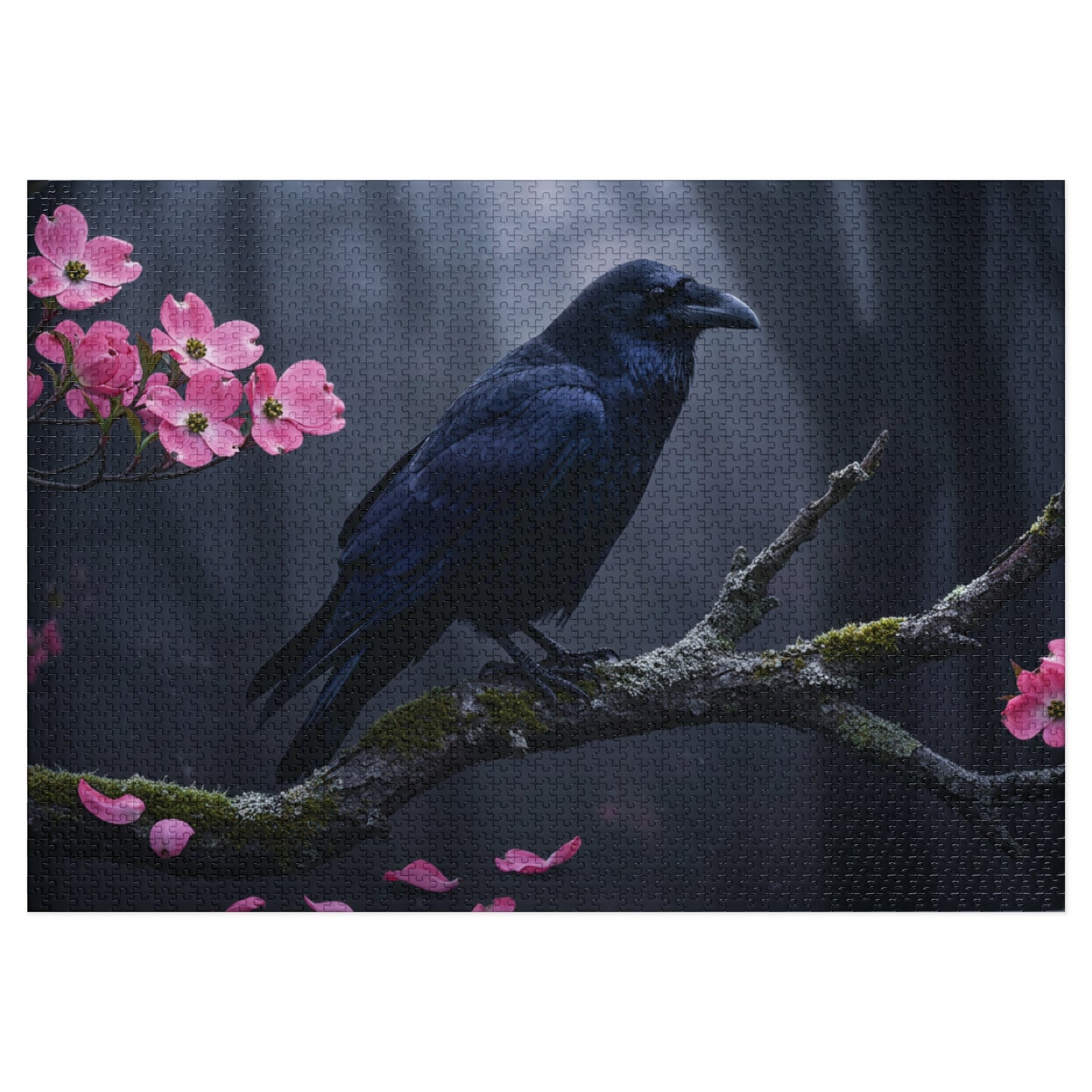 110, 252, 500, 1000, 2000 Black Bird in Spring Forest | Dark Raven with Pink Blossoms | Nature-Inspired Raven & Bloom Puzzle |Mystical Raven Jigsaw Puzzle with Tin | Gothic Raven & Cherry Blossom Puzzle
