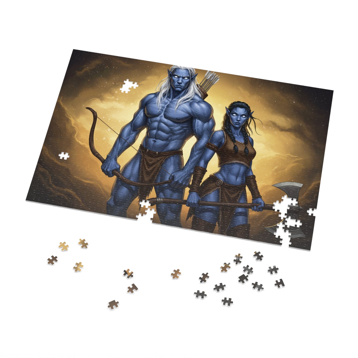 110, 252, 500, 1000, 2000 Blue-Skinned Heroes with Weapons Jigsaw Puzzle, Mythical Battle Duo Puzzle, Legendary Warriors Jigsaw, Heroic Fantasy Fighters Jigsaw