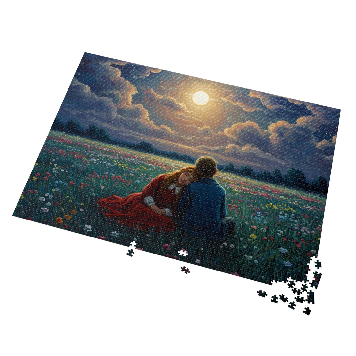 110, 252, 500, 1000, 2000 Romantic Moonlight Jigsaw Puzzle, Starry Night Romance Puzzle, Couple Under Moonlight in Meadow, Lovers Resting in Flower Field
