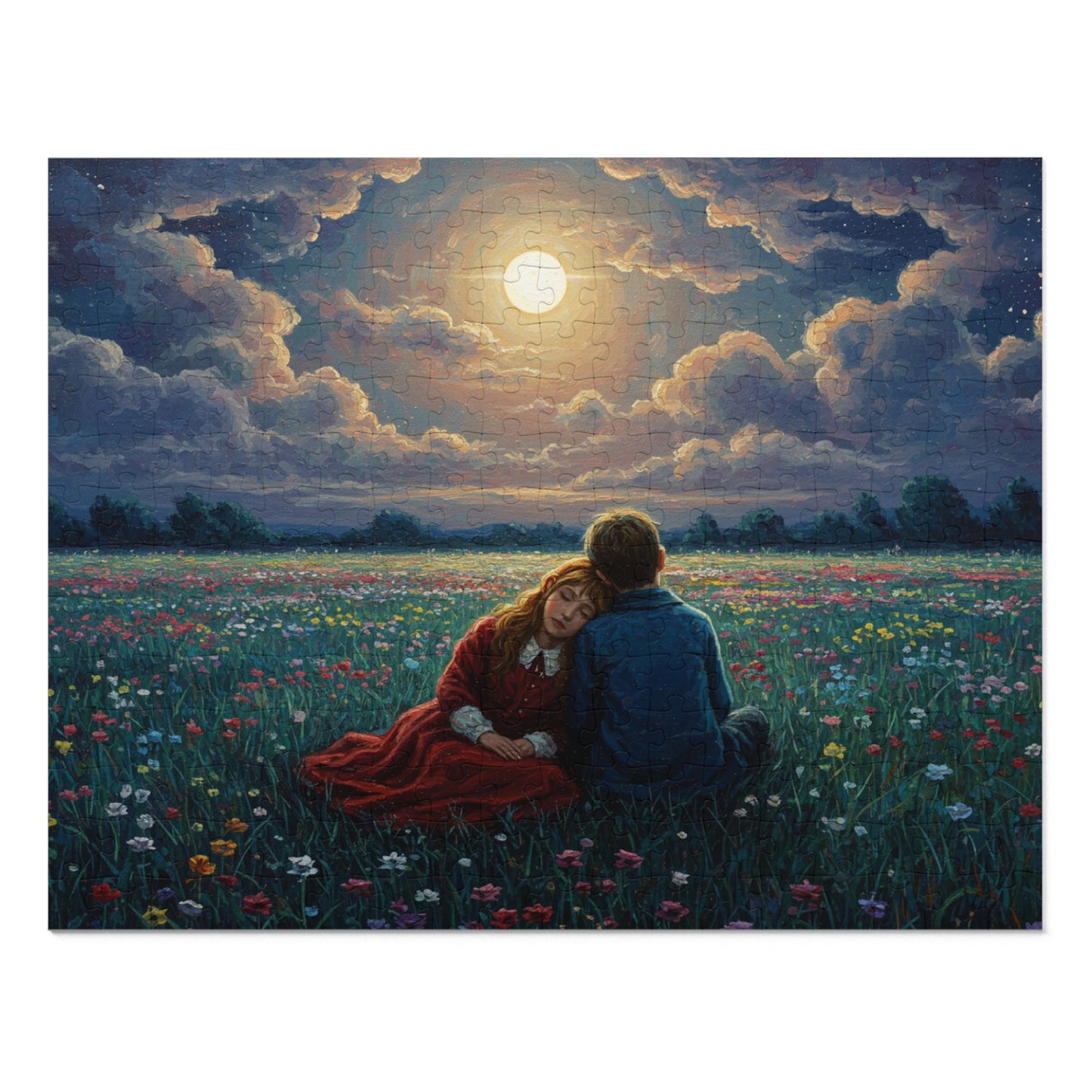 110, 252, 500, 1000, 2000 Romantic Moonlight Jigsaw Puzzle, Starry Night Romance Puzzle, Couple Under Moonlight in Meadow, Lovers Resting in Flower Field