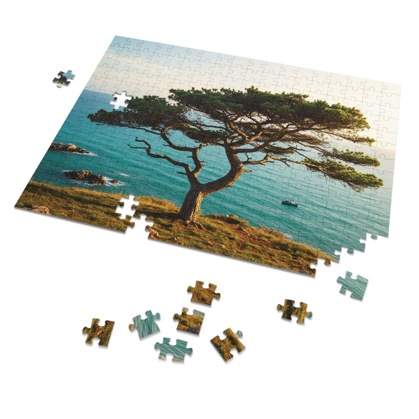 Coastal Tree & Ocean View Jigsaw Puzzle (110, 252, 500, 1000, 2000 pcs) – Serene Cliffside Scene in Gift Tin