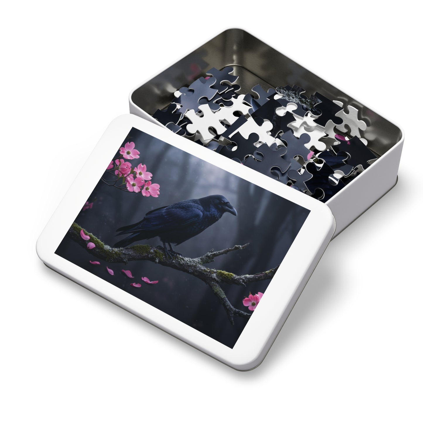 110, 252, 500, 1000, 2000 Black Bird in Spring Forest | Dark Raven with Pink Blossoms | Nature-Inspired Raven & Bloom Puzzle |Mystical Raven Jigsaw Puzzle with Tin | Gothic Raven & Cherry Blossom Puzzle