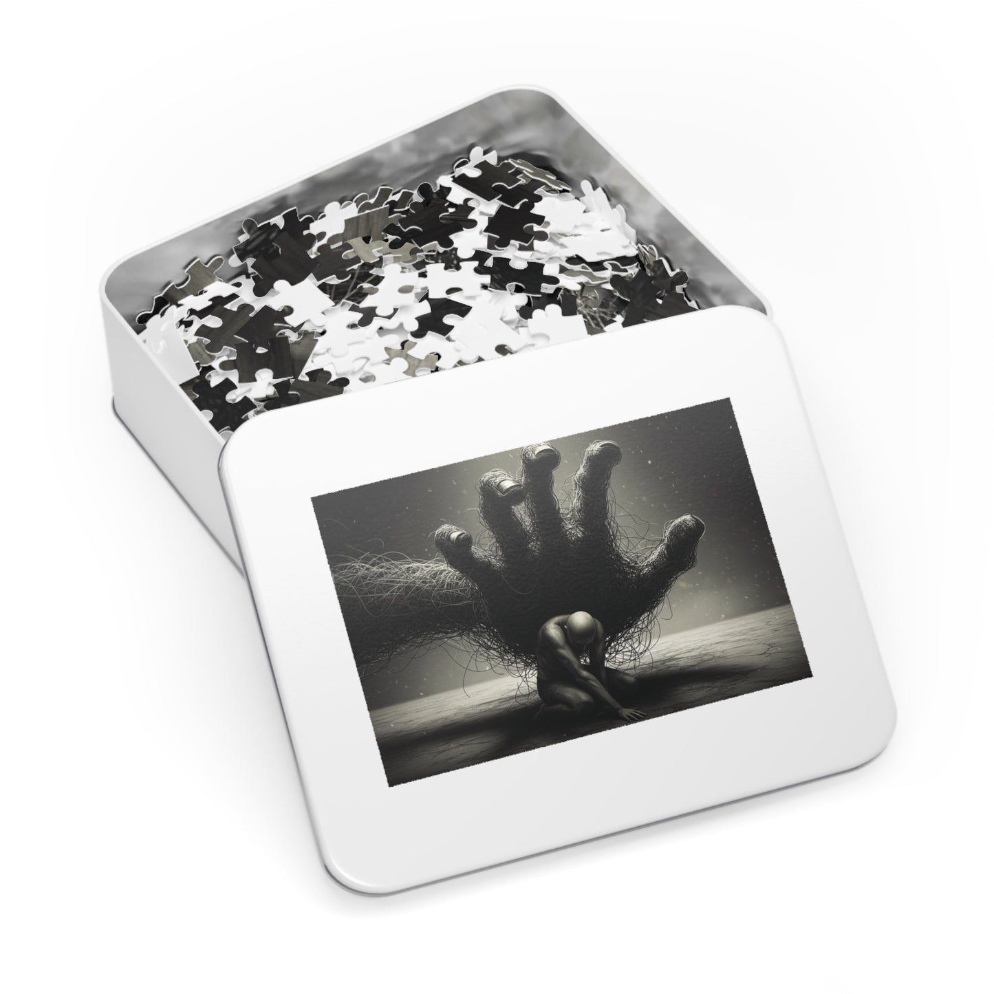 110, 252, 500, 1000, 2000 Dark Abstract Wire Hand Jigsaw Puzzle, Tangled Hand and Kneeling Figure, Oppression and Chaos Puzzle