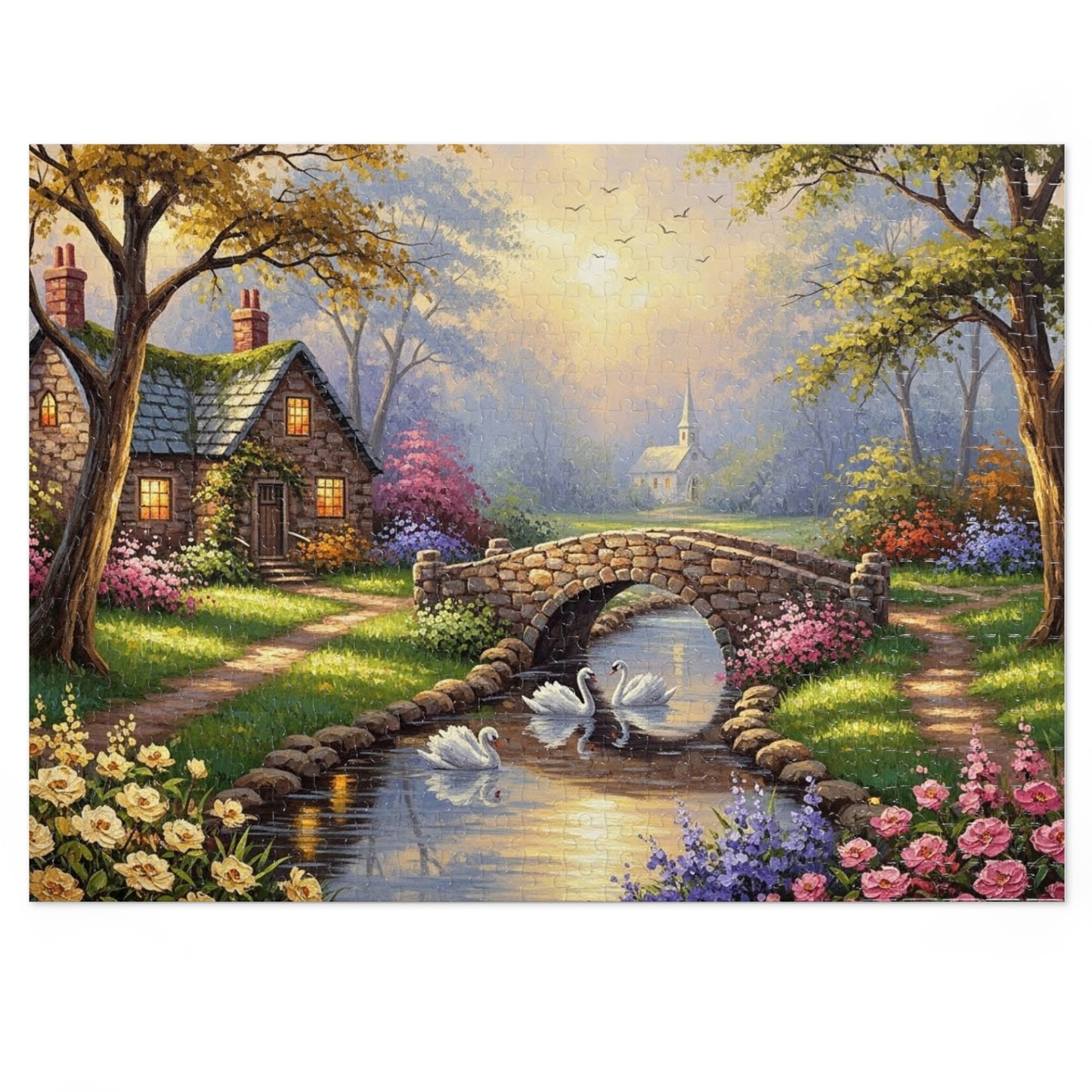 Spring Swan Bridge Cottage Puzzle | Flower Garden, Stone Bridge, Peaceful Countryside Scene