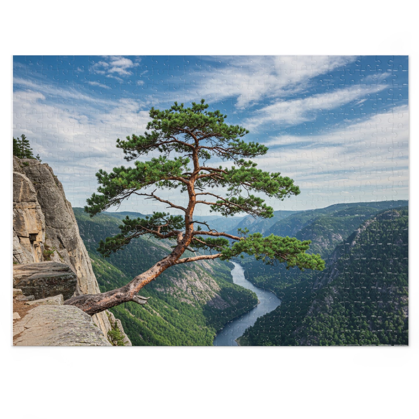 Cliffside Tree Jigsaw Puzzle (110, 252, 500, 1000, 2000 pcs) – Peaceful Nature, Mountain & River Design, Serene Forest Scene