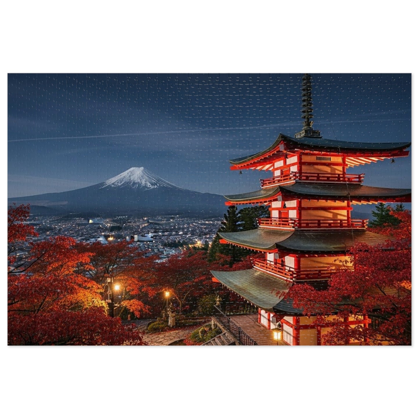 Mount Fuji Night Pagoda Jigsaw Puzzle 🌙🗻 Autumn Temple View, Japan City Lights & Crimson Maples