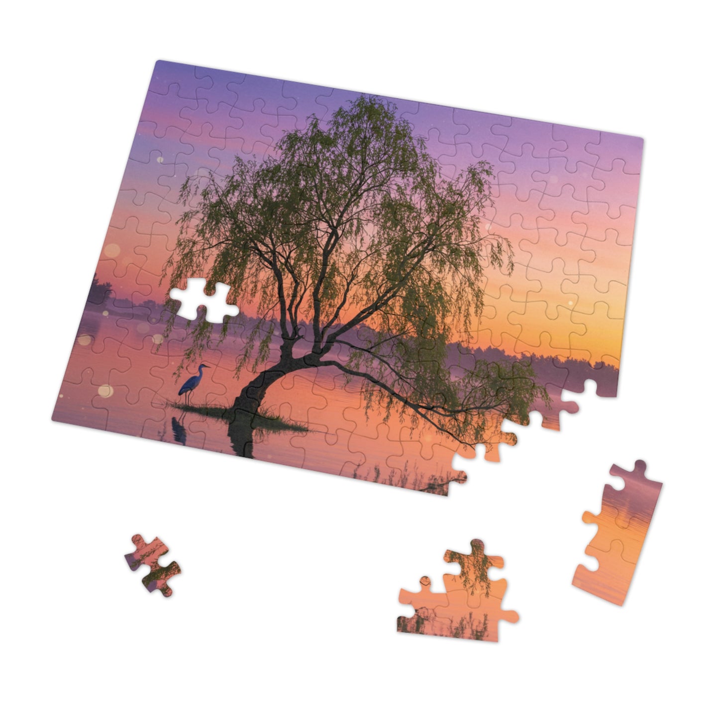 Willow Tree & Heron Jigsaw Puzzle (110, 252, 500, 1000, 2000 pcs) – Sunset Lake Scene in Gift Tin