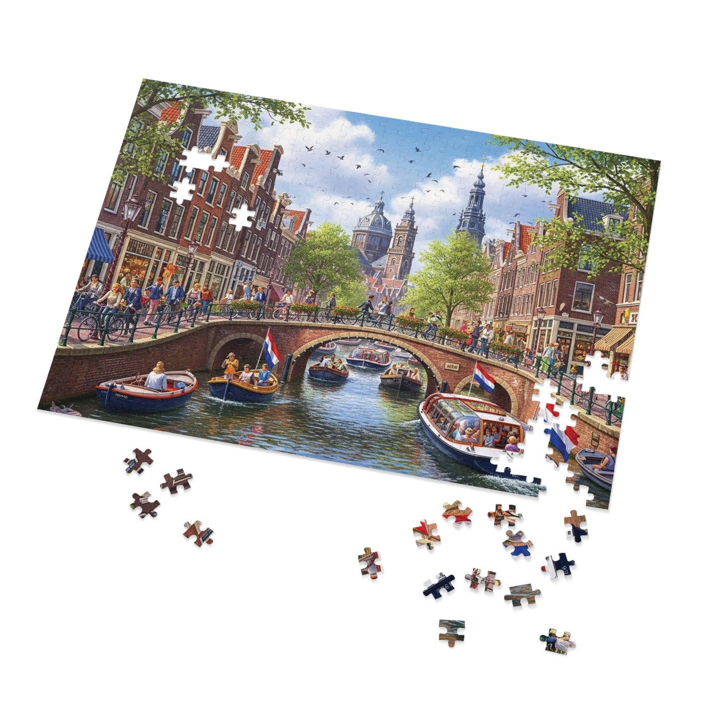 European Canal City Jigsaw Puzzle Scenic Bridge and Boat Scene
