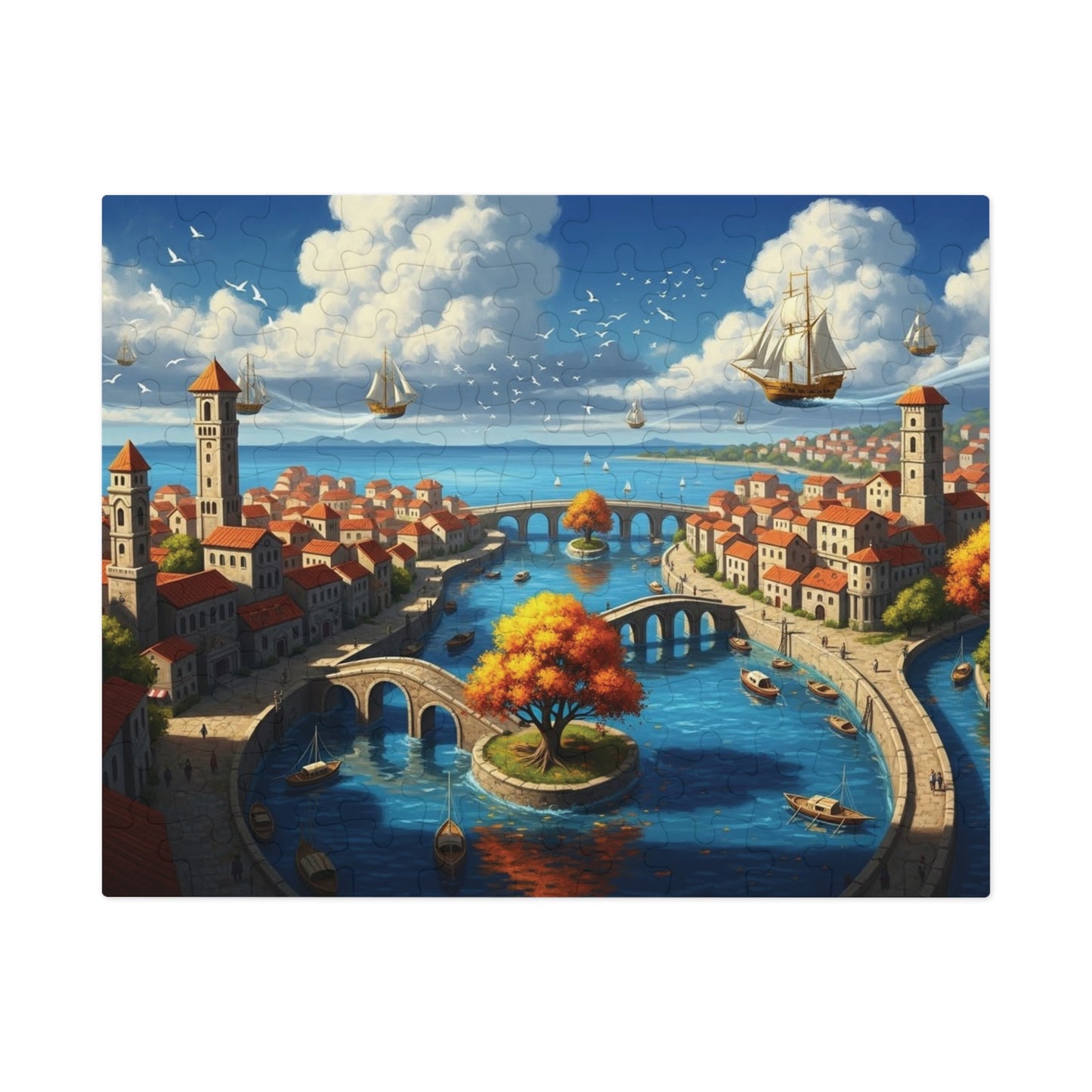 Floating Ships Over the Canal City, Coastal Town, Sailing Ships & Bridge Jigsaw Puzzle ✨