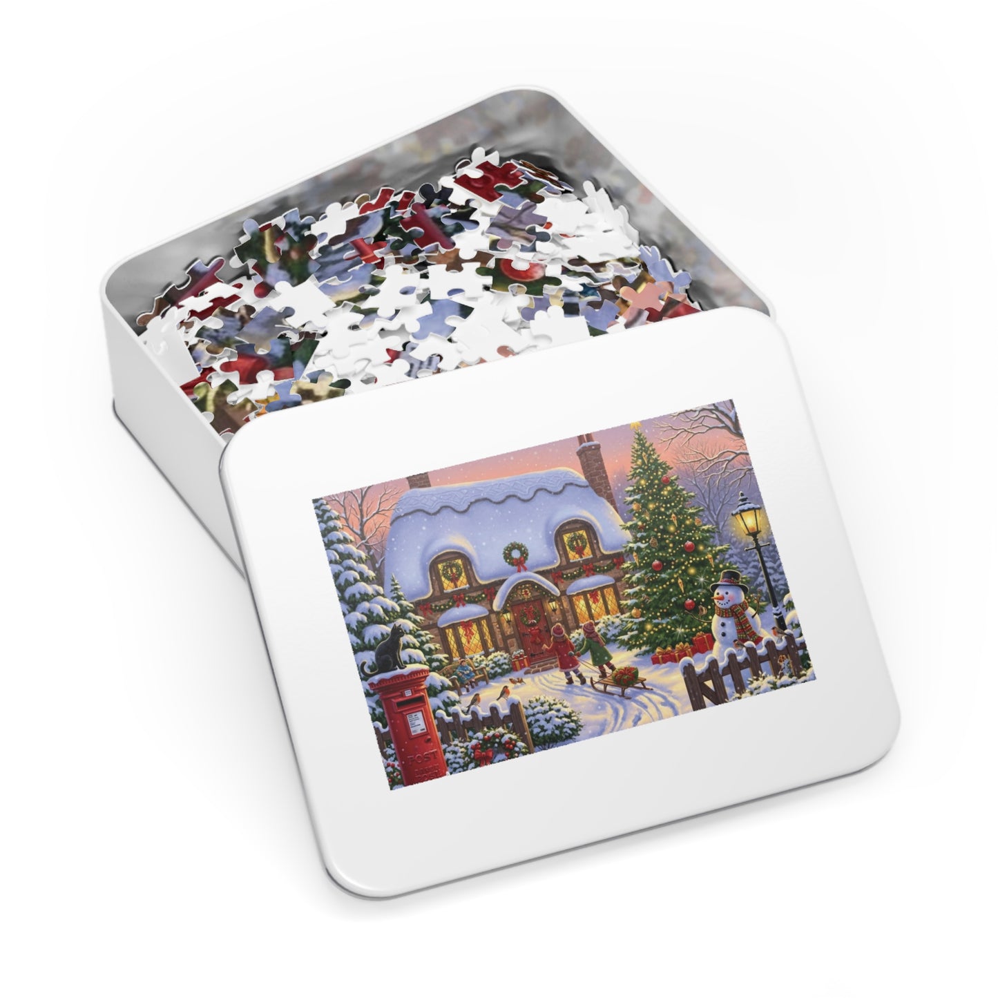 Christmas Cottage Jigsaw Puzzle with Tree Snowman and Sled