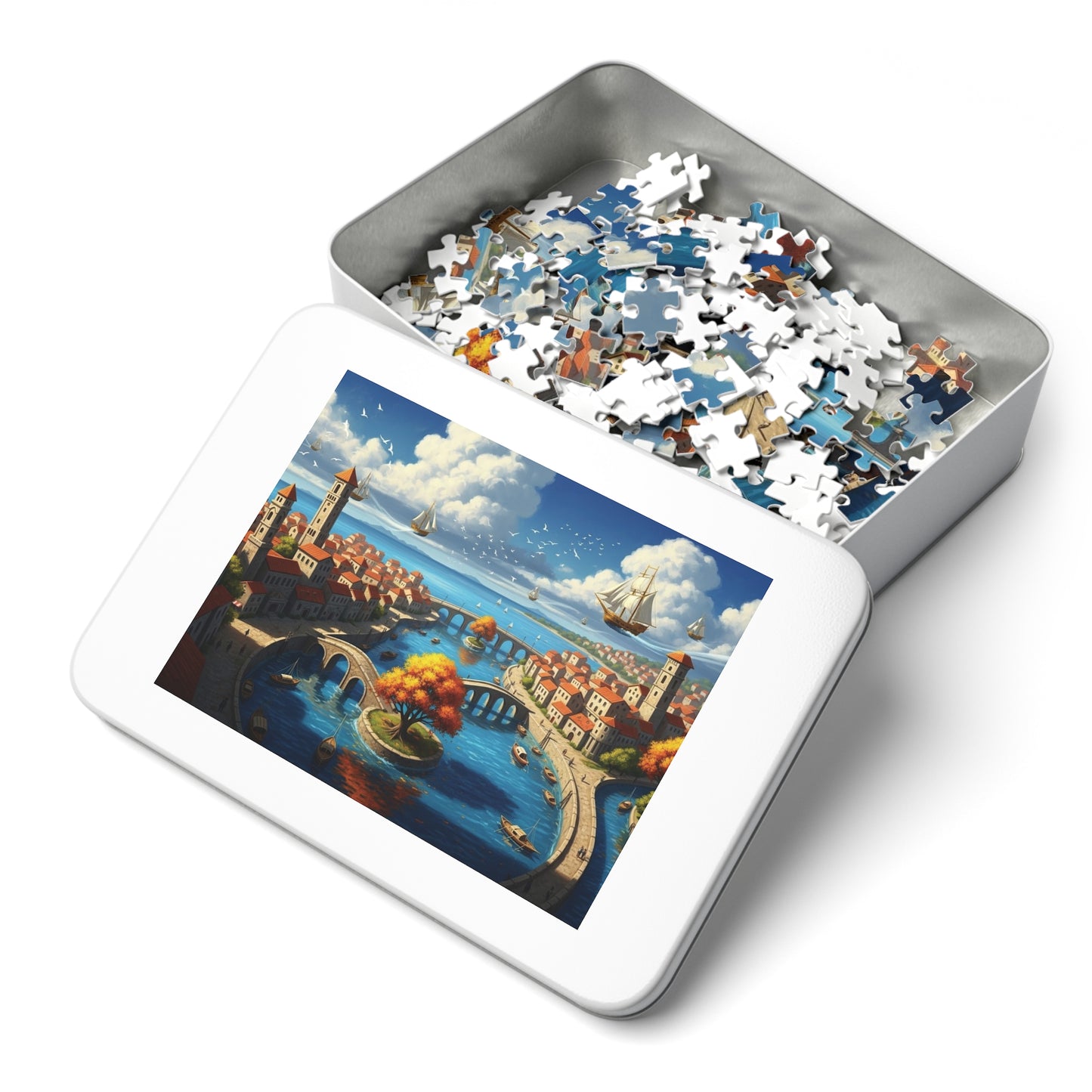 Floating Ships Over the Canal City, Coastal Town, Sailing Ships & Bridge Jigsaw Puzzle ✨