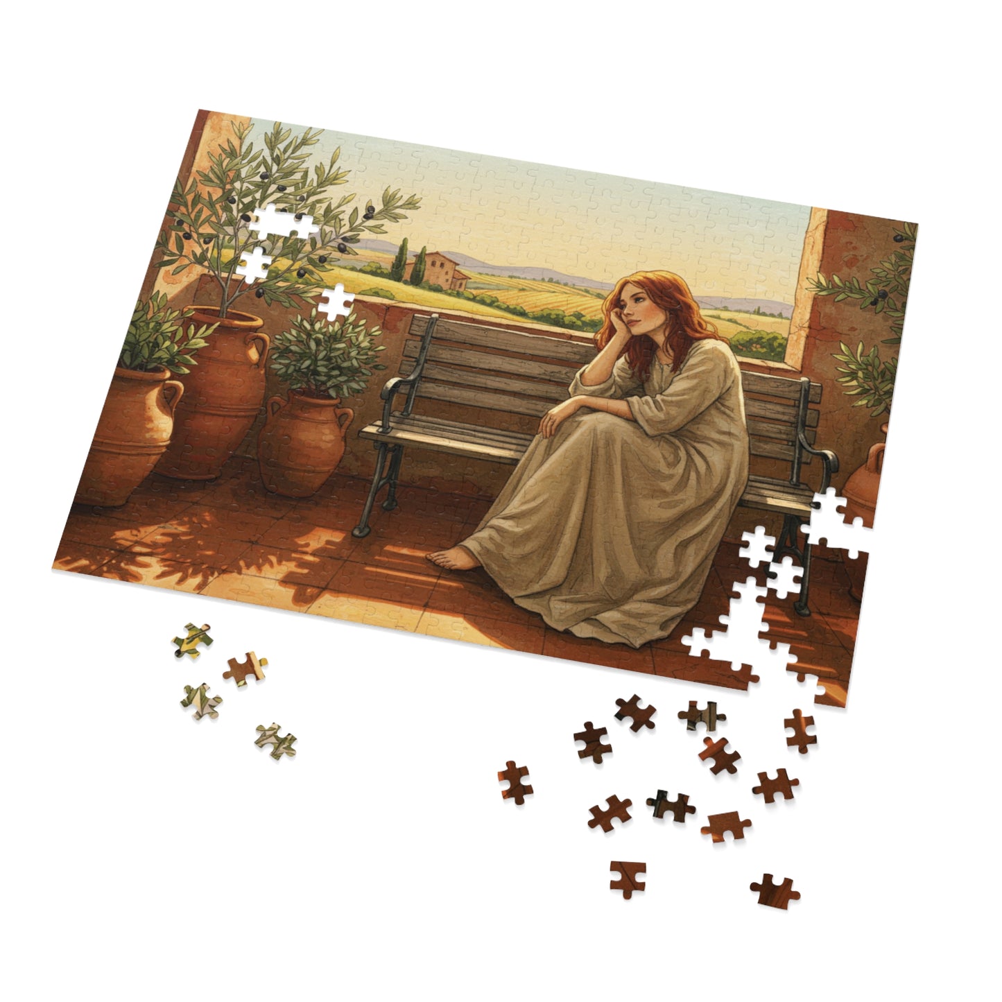110, 252, 500, 1000, 2000 pcs Rustic Countryside Jigsaw Puzzle, Woman on Bench with Olive Trees, Mediterranean Landscape Puzzle