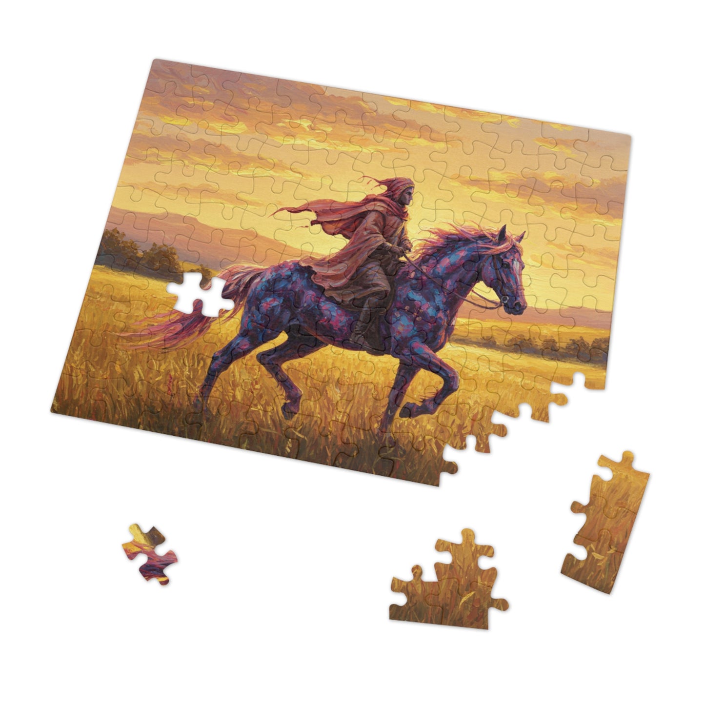 110, 252, 500, 1000, 2000 Jigsaw Puzzle, Mystical Rider Jigsaw Puzzle, Cloaked Rider on Colorful Horse, Epic Sunset Adventure, Premium Puzzle Gift,  Hero on Horse, Golden Field, Fantasy Theme, Vibrant Fantasy Sunset Art