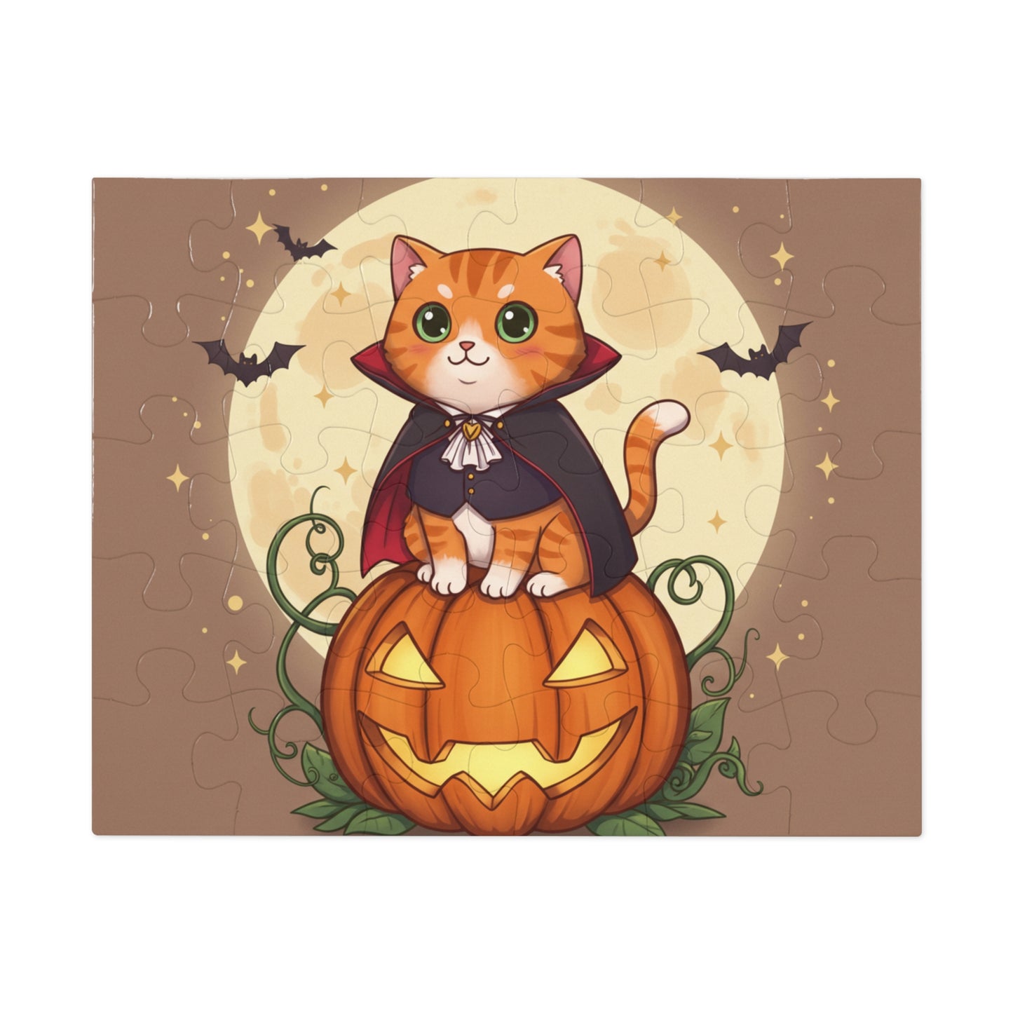 30, 110, 252 pcs Halloween Cat Jigsaw Puzzle, Cute Halloween Puzzle, Cartoon Kitten in Cape on Glowing Pumpkin, Halloween Night Scene with Bats and Moon