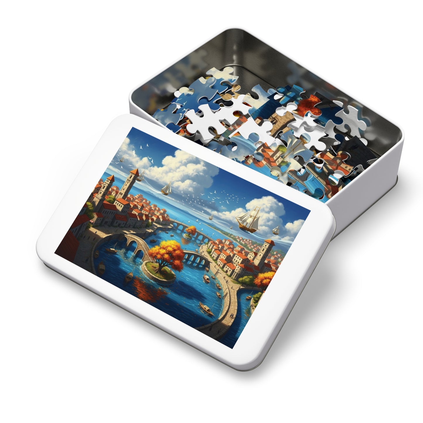 Floating Ships Over the Canal City, Coastal Town, Sailing Ships & Bridge Jigsaw Puzzle ✨