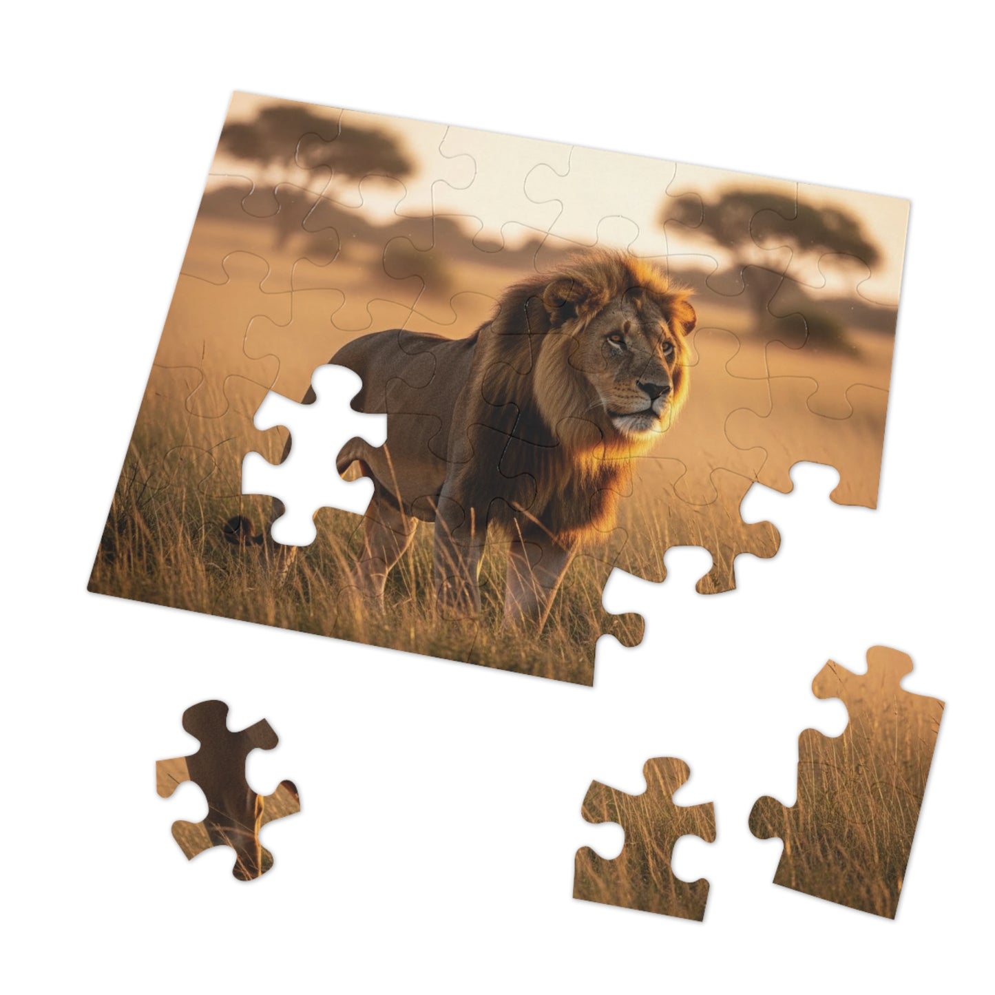 Lion in Golden Savanna Jigsaw Puzzle (with Tin)