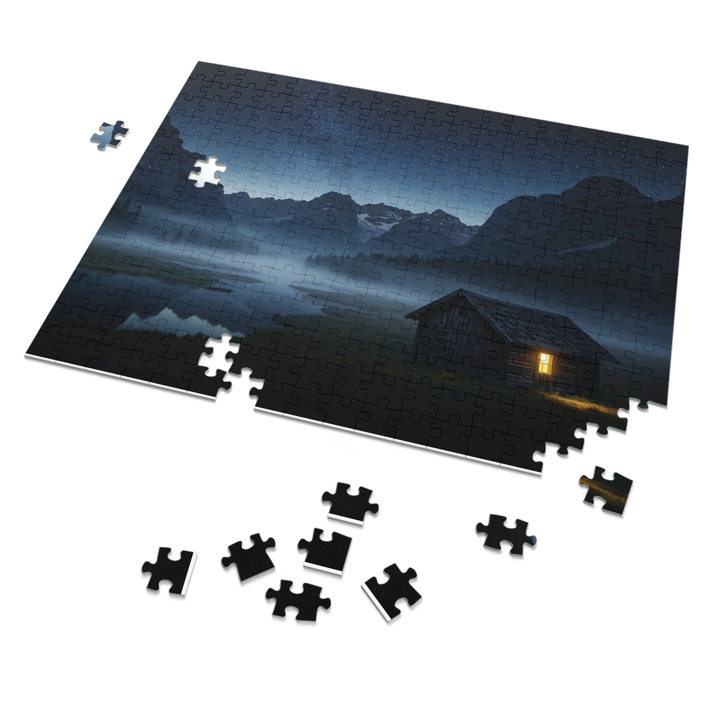 110, 252, 500, 1000, 2000 Starry Night Cabin Puzzle, Tranquil Nightscape Puzzle, Nighttime Cabin Under Stars, Twilight Mountains and Lit Cabin, Foggy Valley and Star-Filled Sky, Wilderness Cabin Puzzle