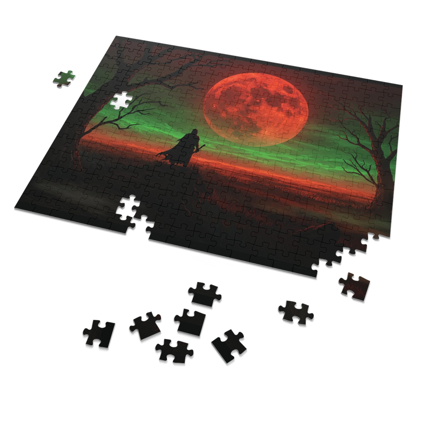 110, 252, 500, 1000, 2000 Mystical Red Moon Jigsaw Puzzle, Blood Moon Warrior Puzzle, Apocalyptic Red Moon Puzzle, Shadow Path Puzzle, Dark Fantasy Puzzle, Crimson Sky Puzzle