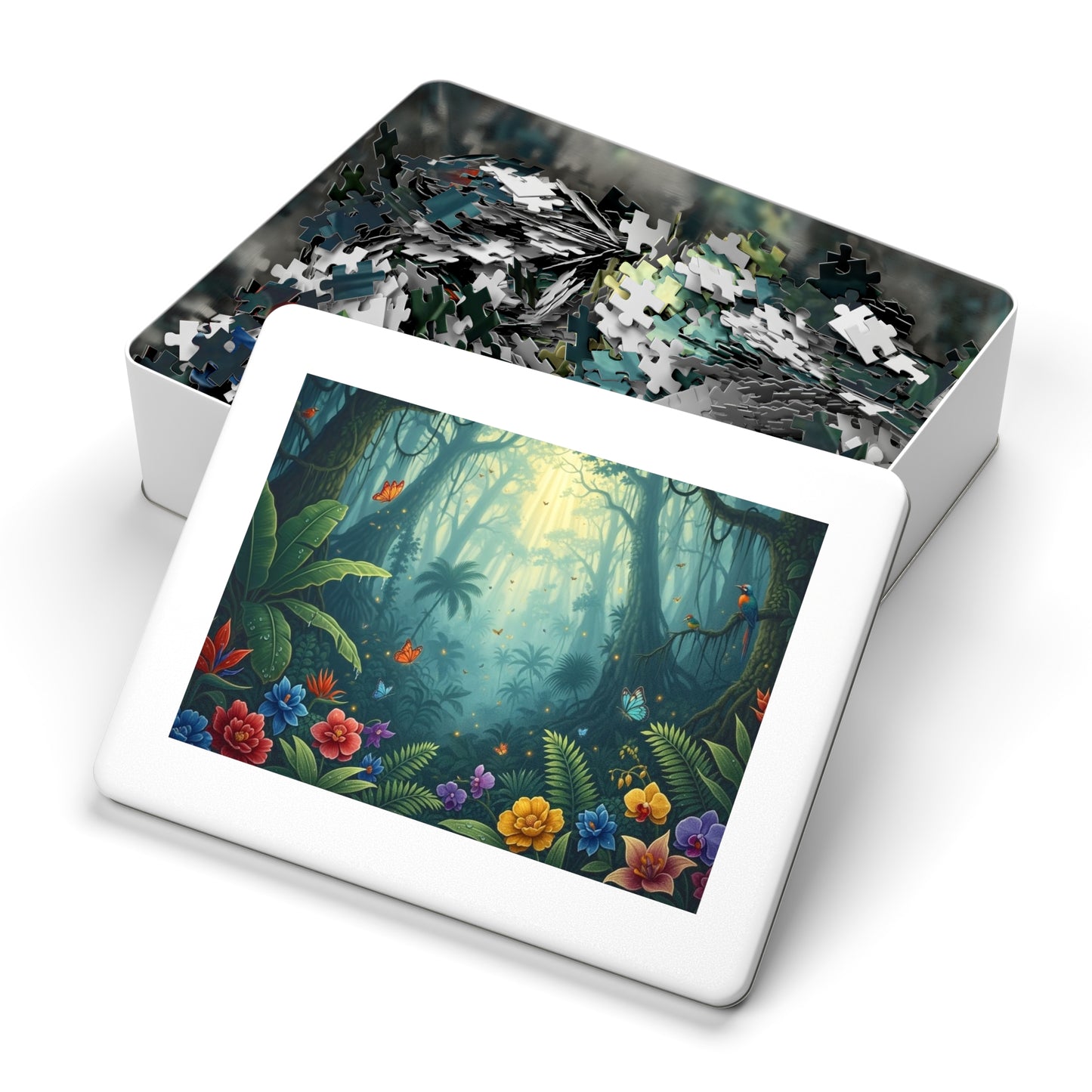 Enchanted Tropical Forest Puzzle with Butterflies, Exotic Flowers and Golden Light