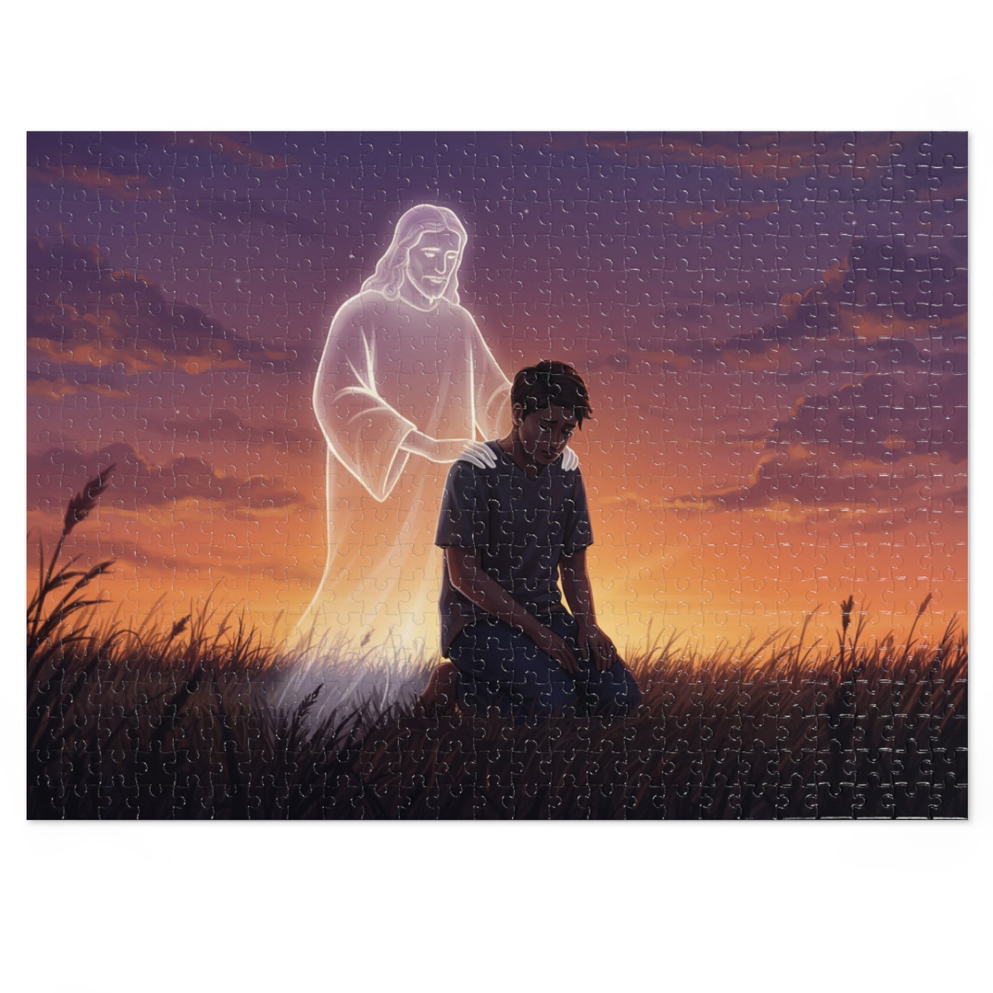110, 252, 500, 1000 Spiritual Reflection Jigsaw Puzzle with Tin, Sunset Prayer and Heavenly Light Design, Kneeling Figure, Angelic Presence Jigsaw puzzle