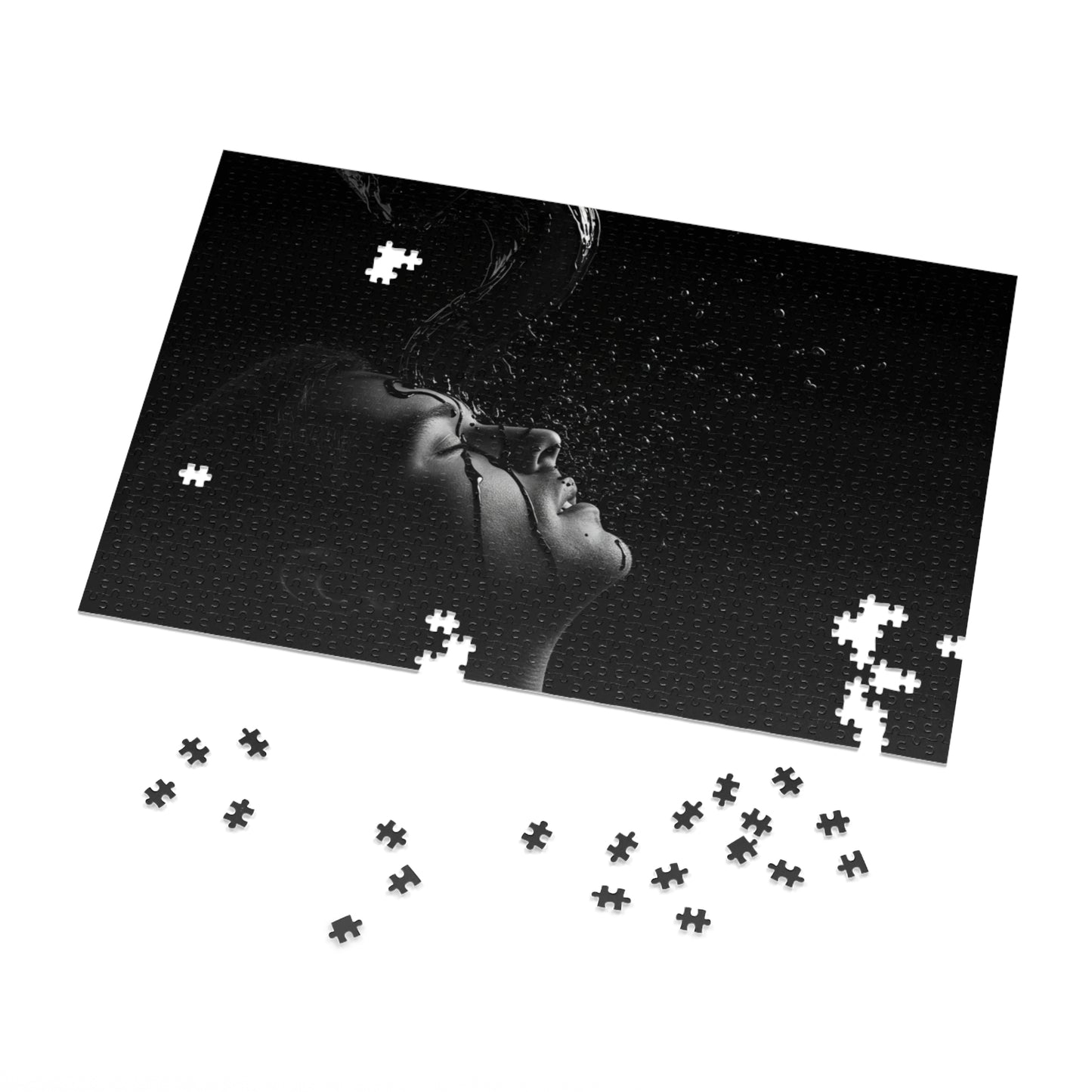 500, 1000, 2000 pcs Abstract Black Liquid Splash on Face Jigsaw Puzzle, Black Fluid Pour Over Face Jigsaw Puzzle