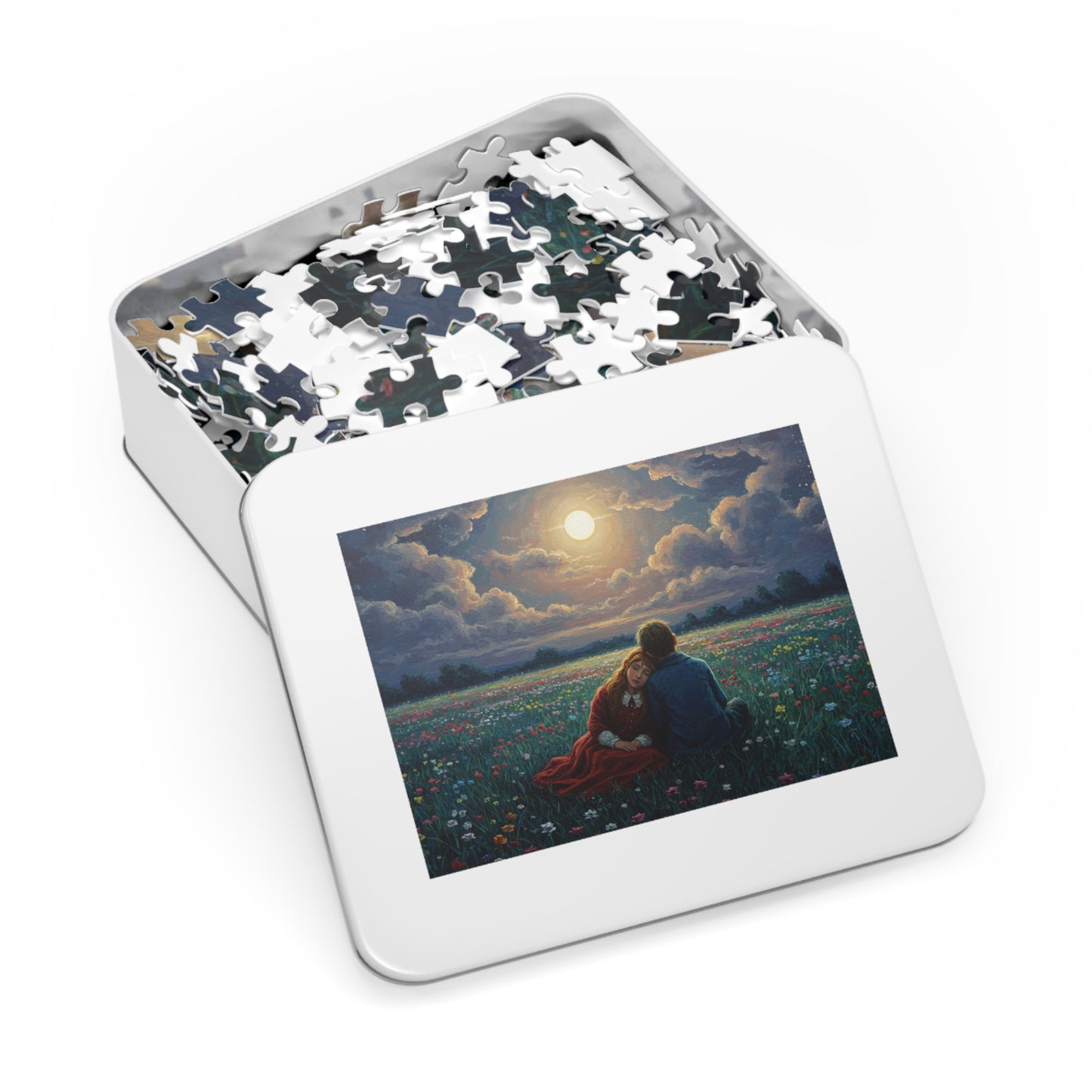 110, 252, 500, 1000, 2000 Romantic Moonlight Jigsaw Puzzle, Starry Night Romance Puzzle, Couple Under Moonlight in Meadow, Lovers Resting in Flower Field