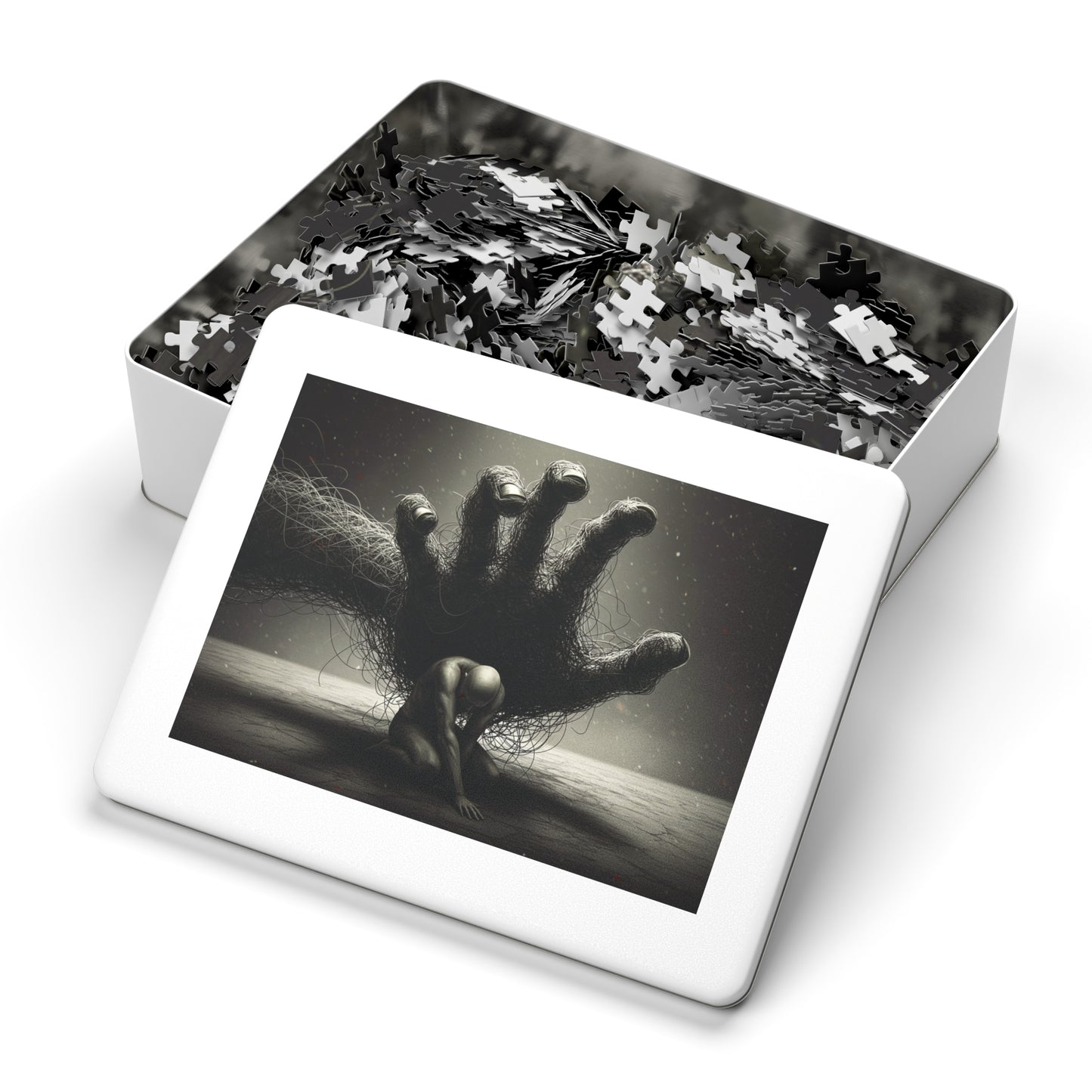 110, 252, 500, 1000, 2000 Dark Abstract Wire Hand Jigsaw Puzzle, Tangled Hand and Kneeling Figure, Oppression and Chaos Puzzle