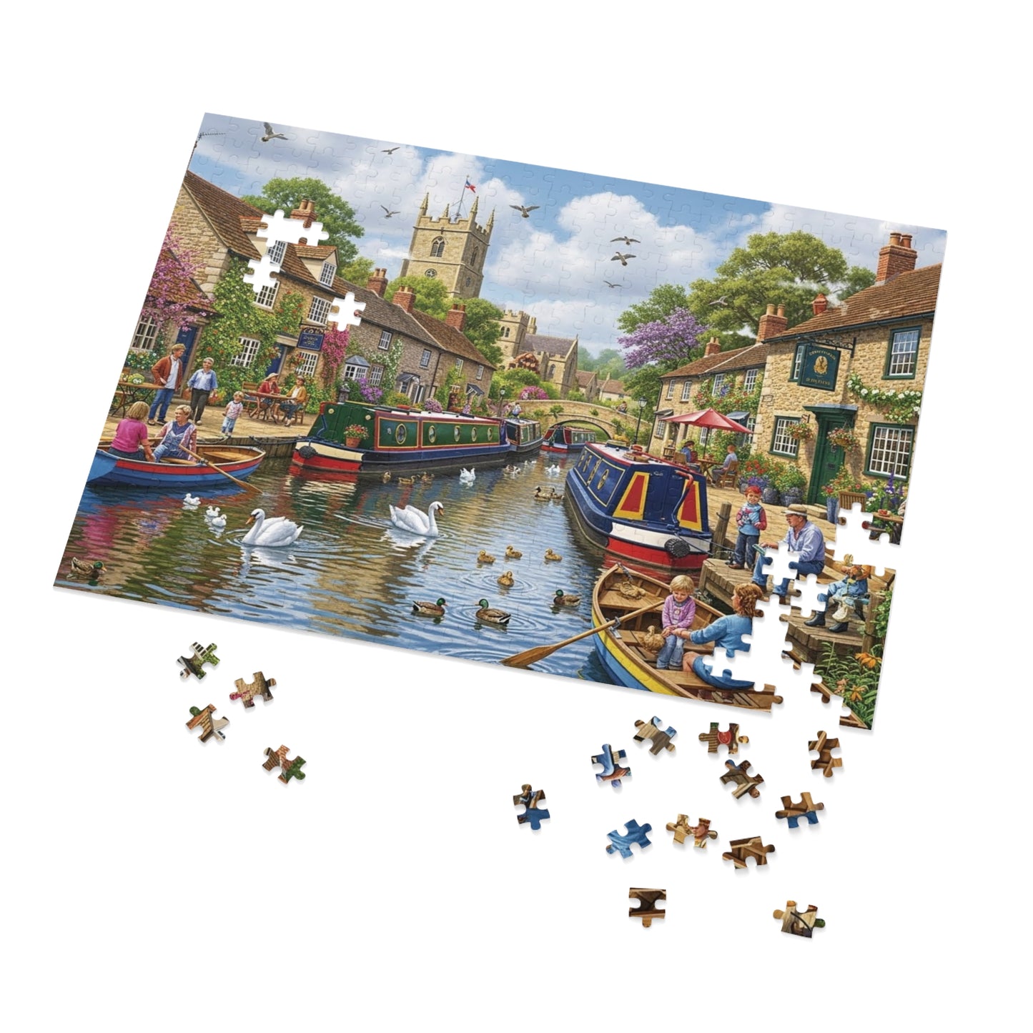 Canal Village Jigsaw Puzzle with Boats Swans and Cottages