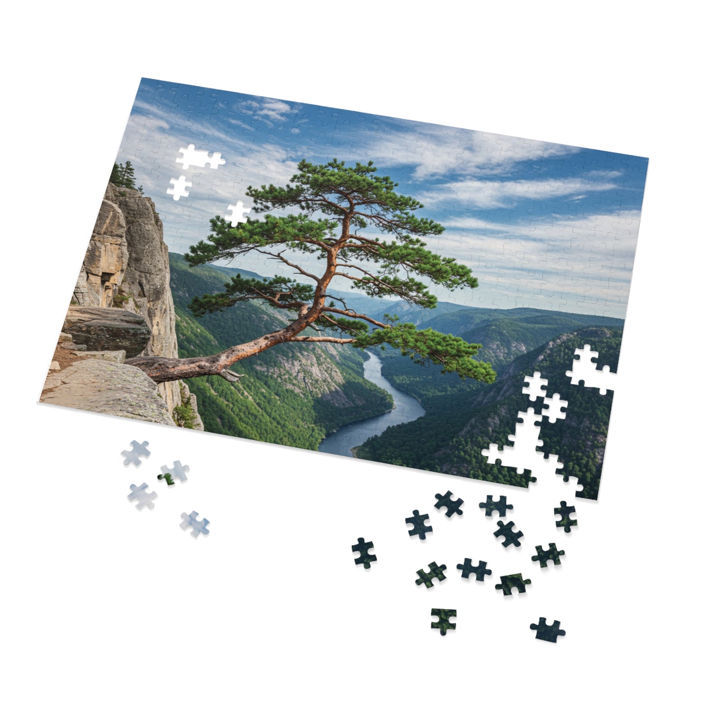 Cliffside Tree Jigsaw Puzzle (110, 252, 500, 1000, 2000 pcs) – Peaceful Nature, Mountain & River Design, Serene Forest Scene