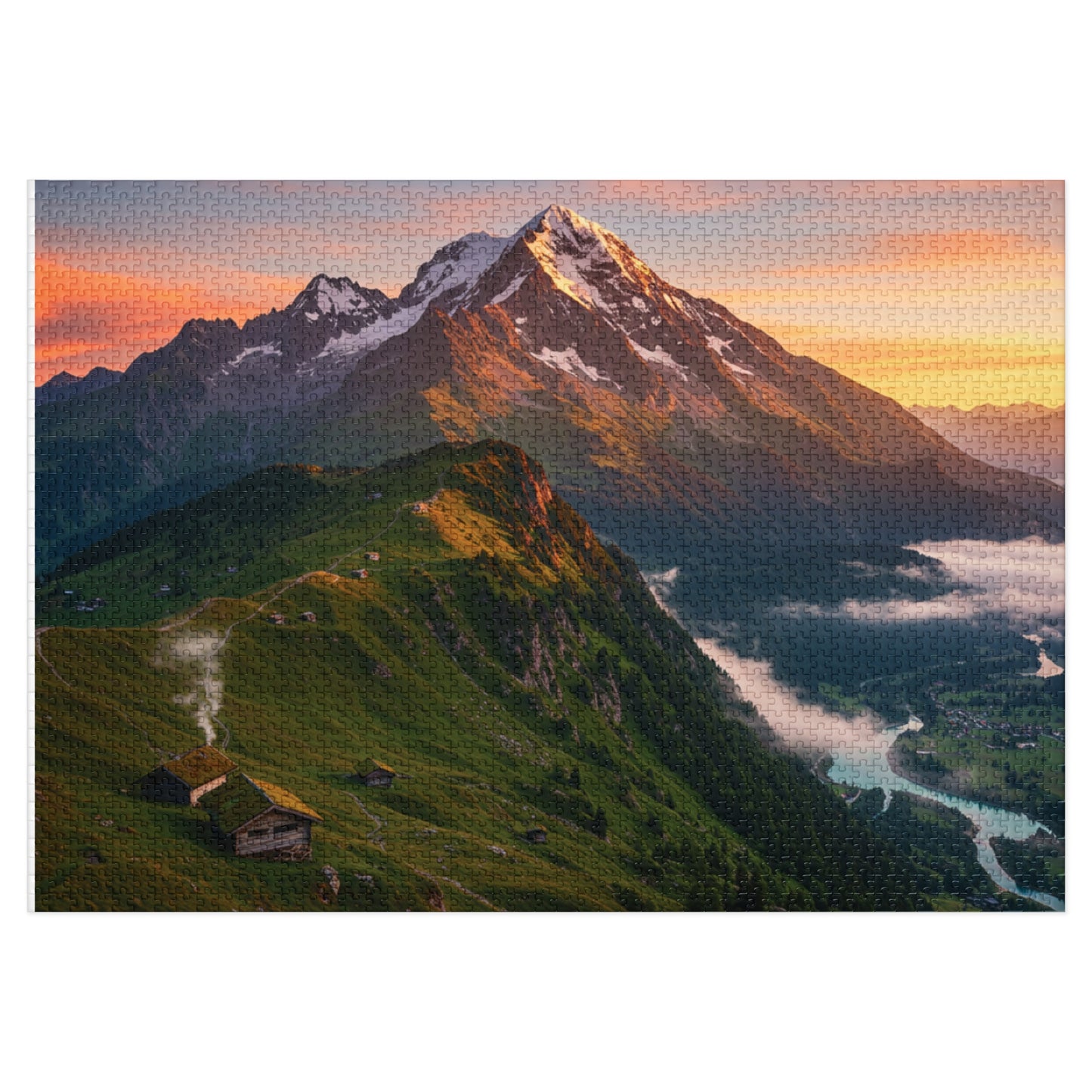 Sunrise Over Forested Hills Jigsaw Puzzle (252, 500, 1000, 2000 pcs) – Cabins, Snowy Ridge & Glowing Sky