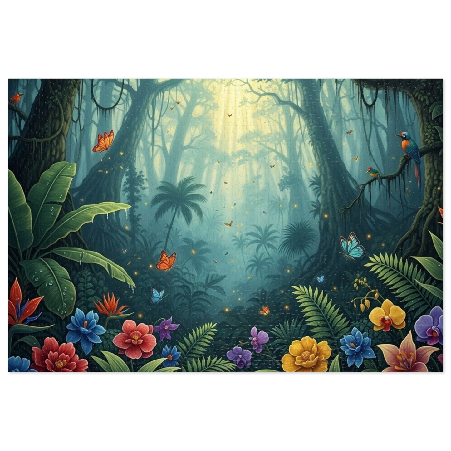 Enchanted Tropical Forest Puzzle with Butterflies, Exotic Flowers and Golden Light